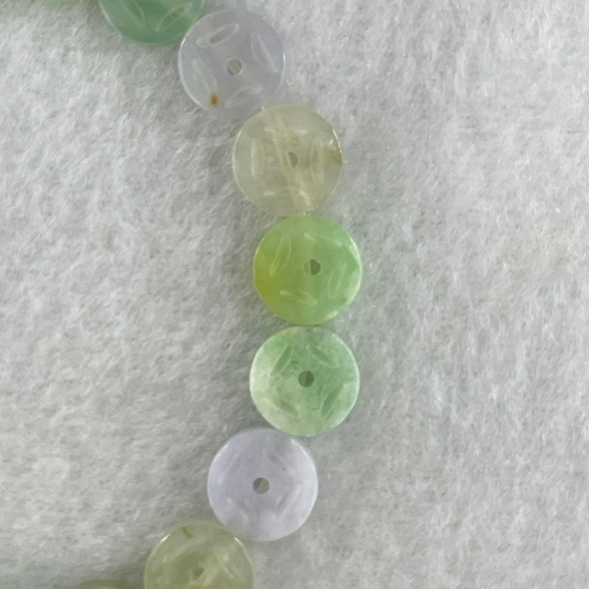 Natural Type A Light Green Light Lavender with Yellow Jadeite Ancient Coin Shape Beads Bracelet 11.58g 16cm 9.1mm 20 Beads - Huangs Jadeite and Jewelry Pte Ltd