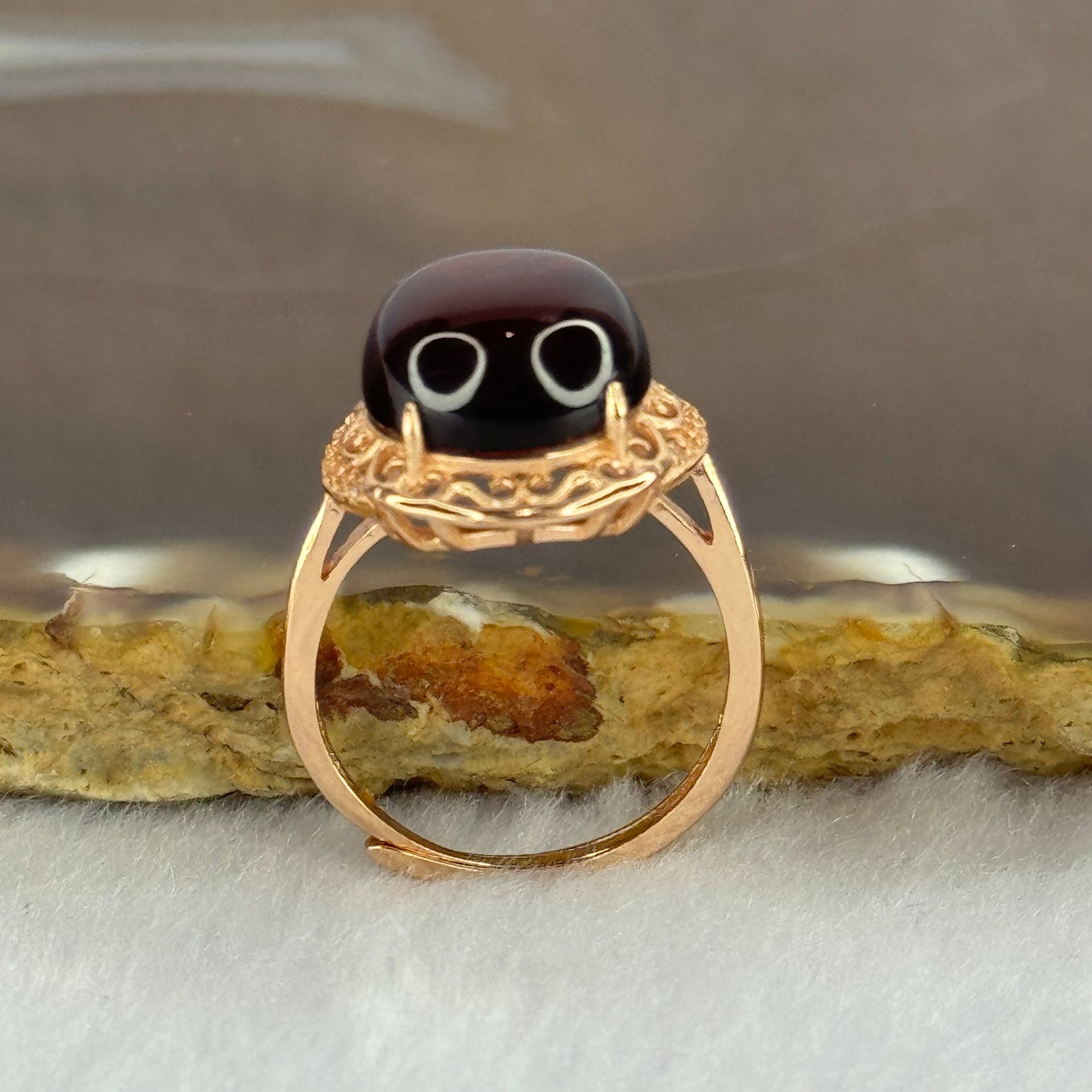 Natural Red Blood Amber in S925 Sliver Rose Gold Color Ring (Adjustable Size) 2.39g 12.8 by 11.4 by 6.5mm - Huangs Jadeite and Jewelry Pte Ltd