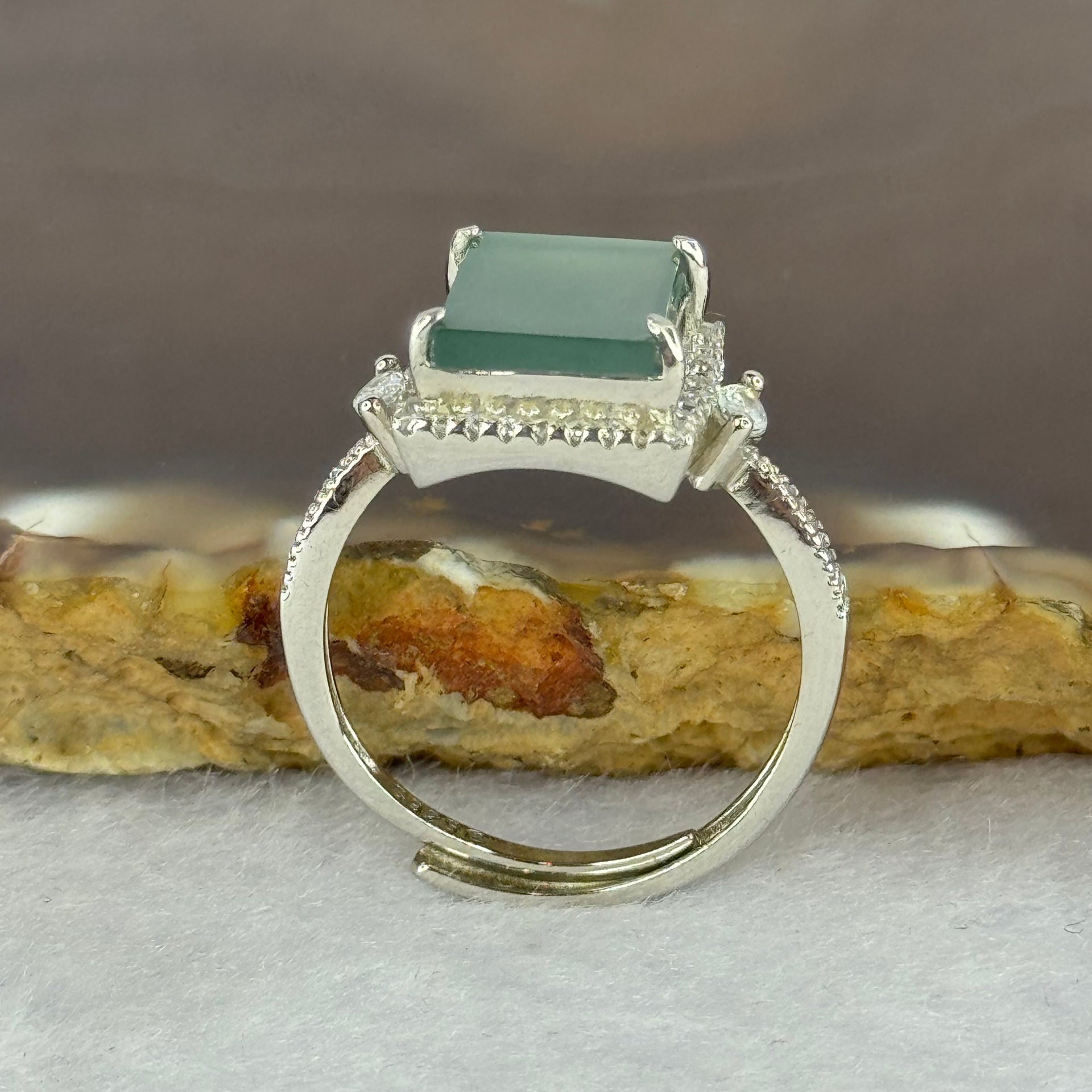 Type A Icy Blueish Green Jadeite with Crystals in S925 Sliver Ring (Adjustable Size) 2.95g 10.1 by 7.6 by 2.0mm - Huangs Jadeite and Jewelry Pte Ltd