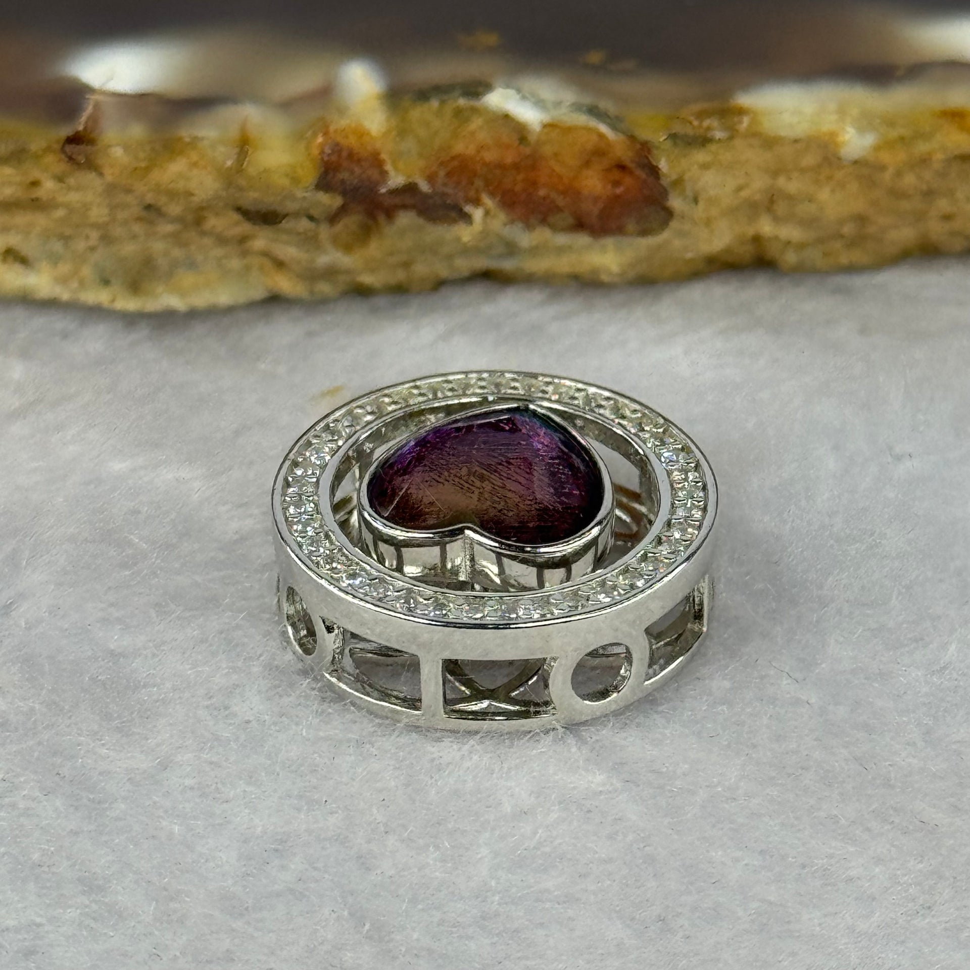 Natural Meteorite Powerful Energy Spinning Purple with Yellow Heart Charm in S925 Silver with Crystals For Necklace / Bracelet 2.89g 15.9 by 6.9mm - Huangs Jadeite and Jewelry Pte Ltd