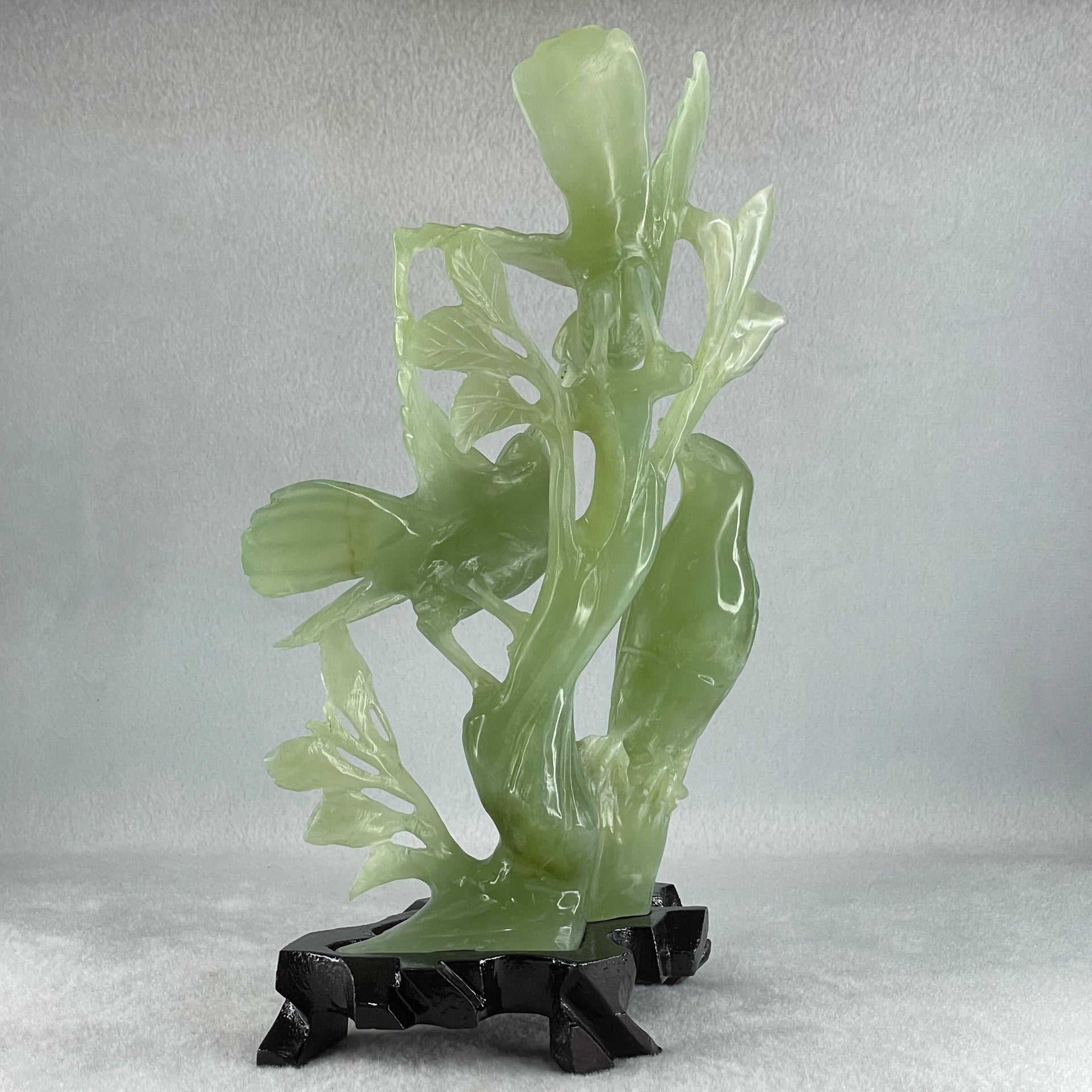 Natural Green Serpentine 3 Magpie Birds on Tree with Wooden Stand Display 569.6g 141.0 by 242.0 by 78.0mm - Huangs Jadeite and Jewelry Pte Ltd