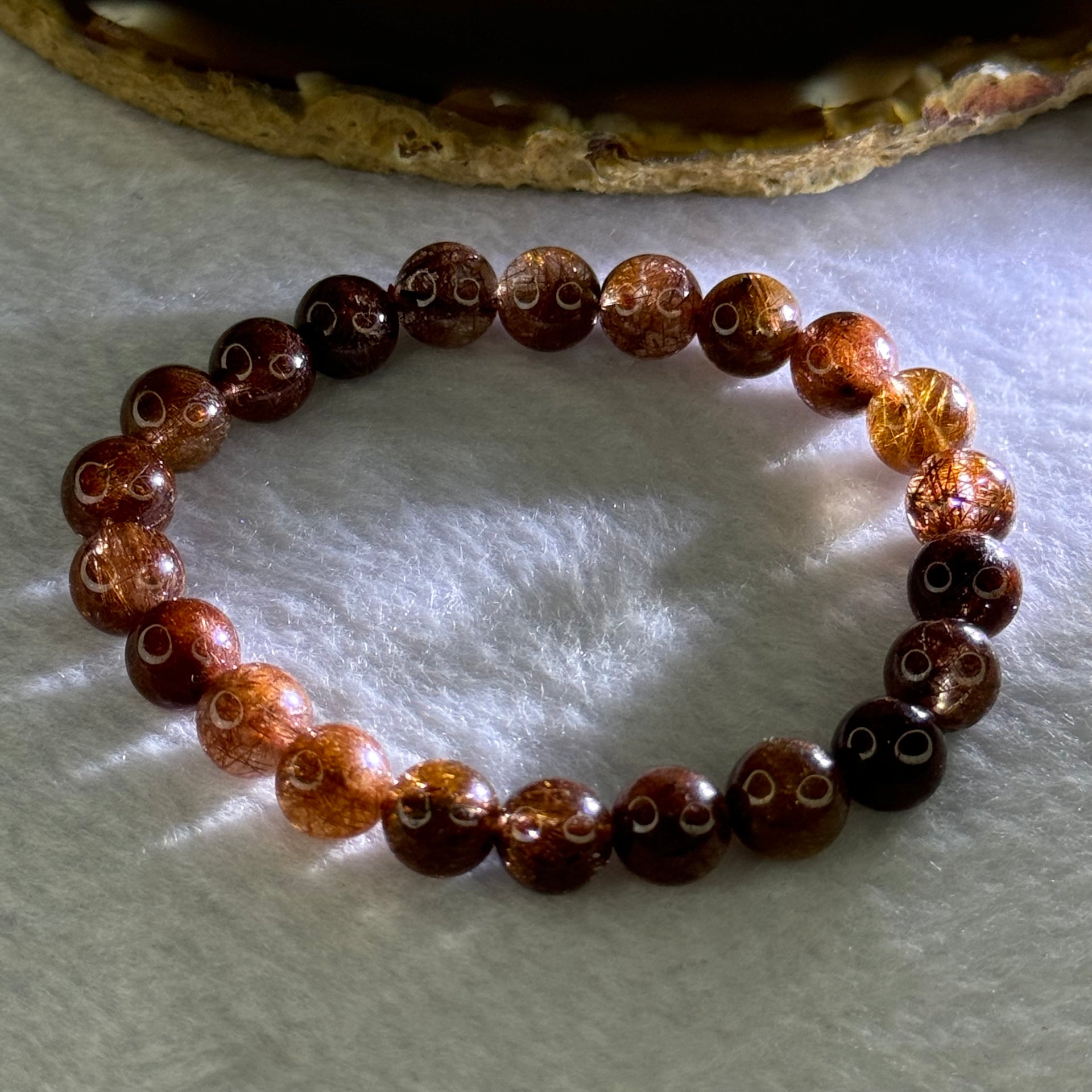 Natural Copper Rutilated Quartz Beads Bracelet 天然銅髮晶手镯 19.38g 16cm 8.9mm 22 Beads - Huangs Jadeite and Jewelry Pte Ltd