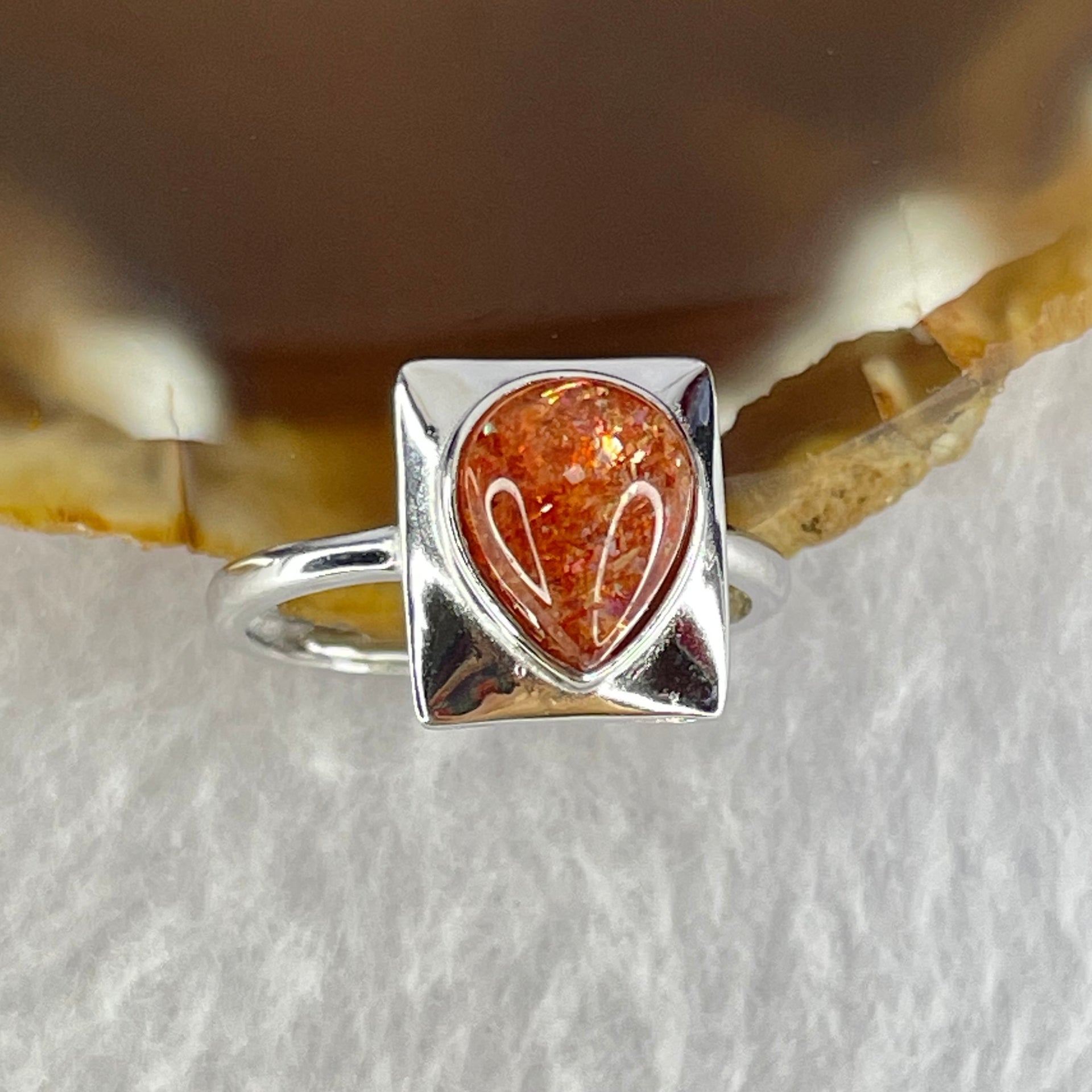 Good Grade Natural Golden Sun Stone in S925 Silver Ring (Adjustable Size) 2.17g 8.9 by 6.9 by 3.5mm - Huangs Jadeite and Jewelry Pte Ltd