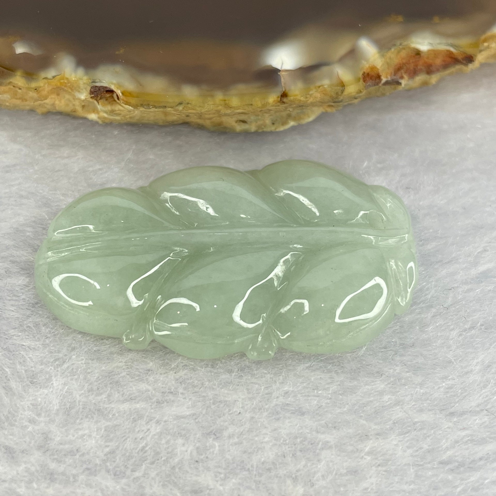 Type A Light Green Jadeite Leaf for Overnight Success 一夜发财 9.56g 37.7 by 22.5 by 5.8mm - Huangs Jadeite and Jewelry Pte Ltd