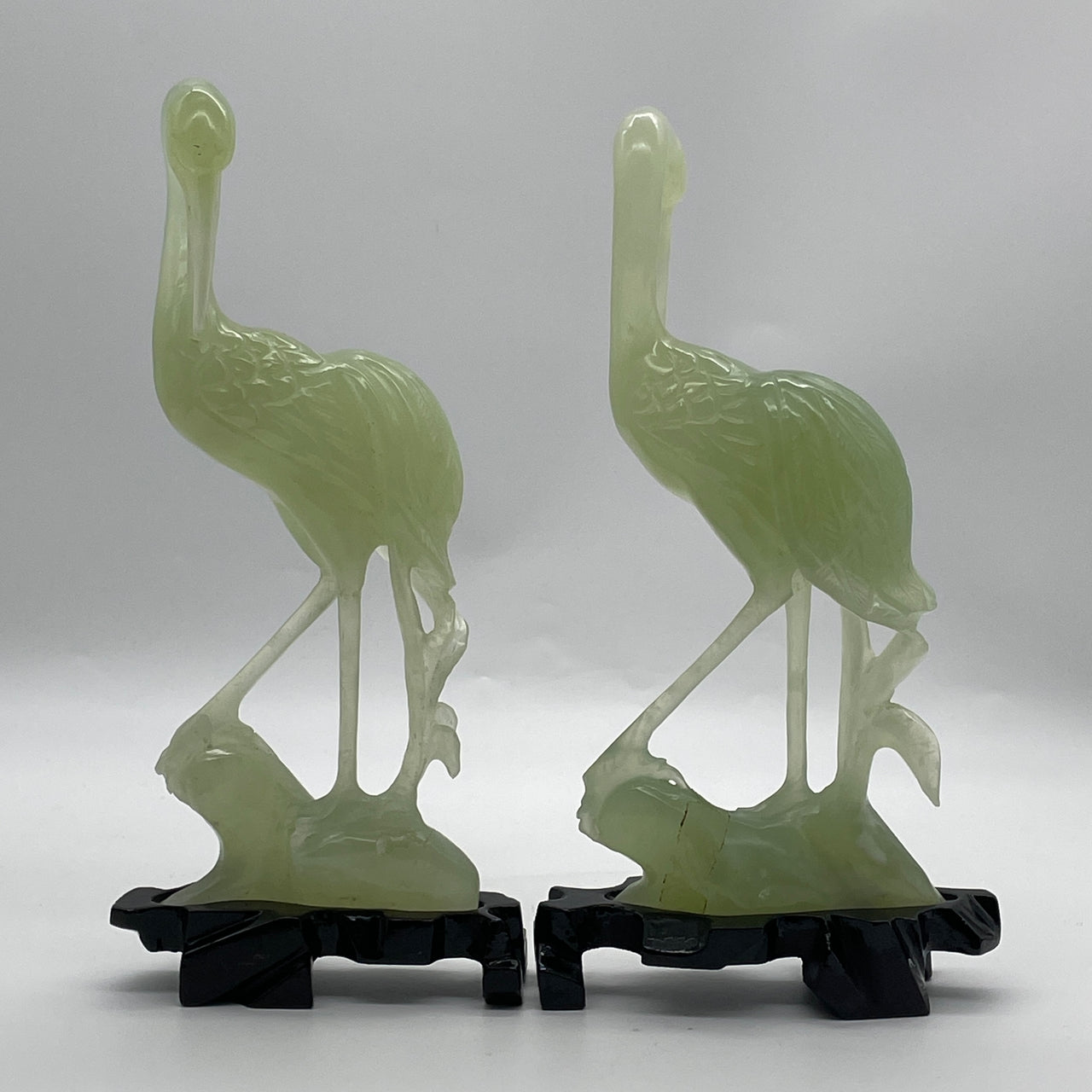 Natural Green Serpentine Pai of Crane with Wooden Stand Display 899.9g Each About 446.0 by 125.0 by 65.0 by 235.0mm