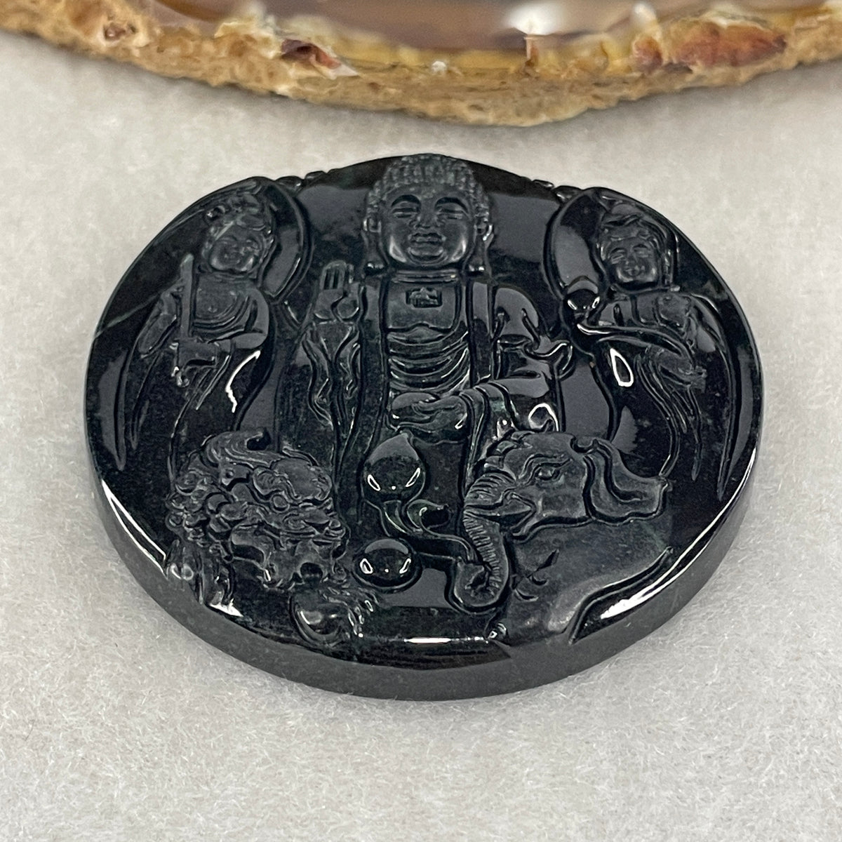 Certified Natural Type A Black Omphacite Jadeite Avatamsaka Trinity Pendant | Shakyamuni Buddha with Manjushri & Samantabhadra (20.22g | 49.1x48.8x7.3mm | Crown, Third Eye, Heart & Root Chakra Shield, Ultimate Wisdom, Great Action & Divine Protection)