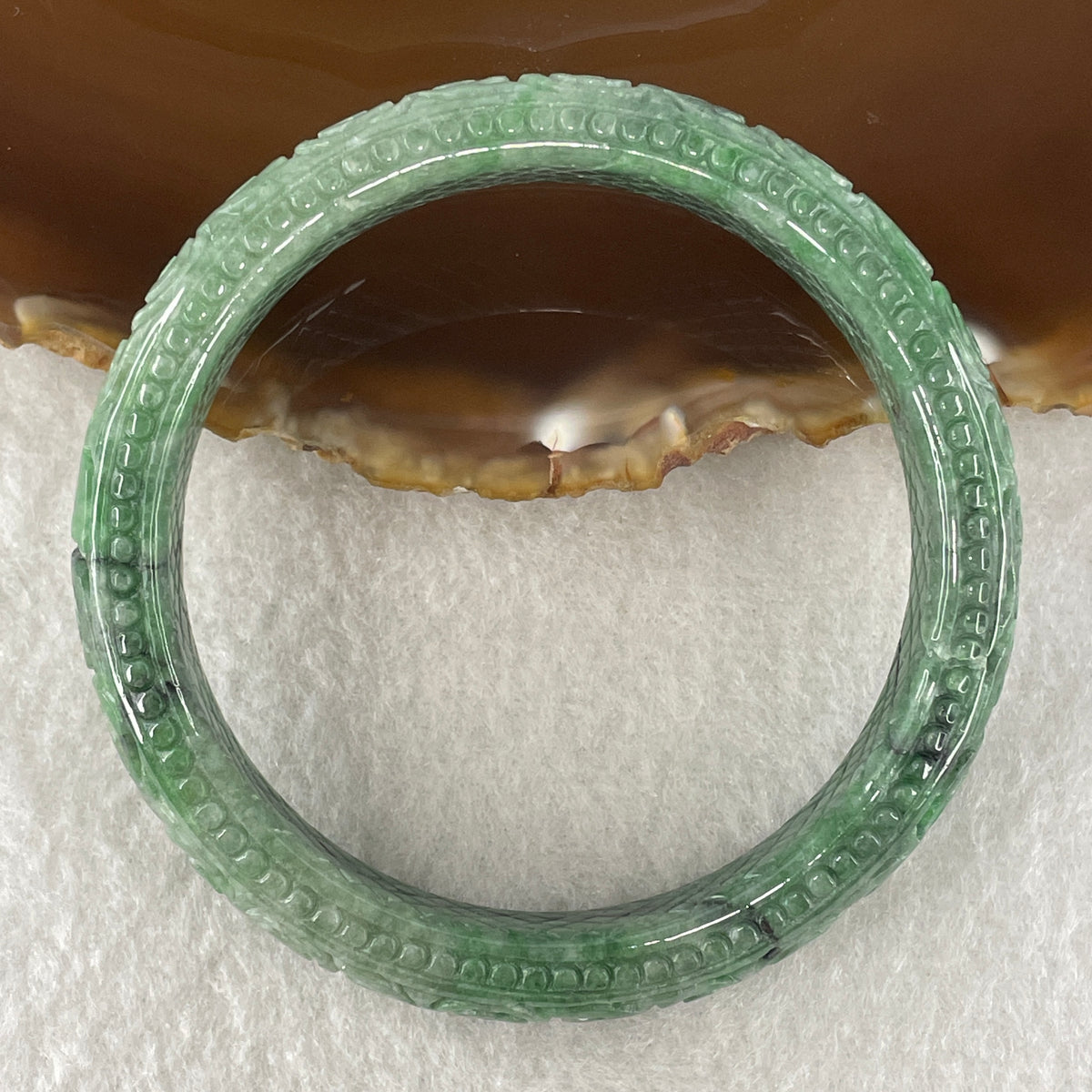Natural Type Green Jadeite Prosperity Flowers Bangle 46.28g Inner Diameter 55.6mm 12.1 by 8.2mm (External Line) - Huangs Jadeite and Jewelry Pte Ltd
