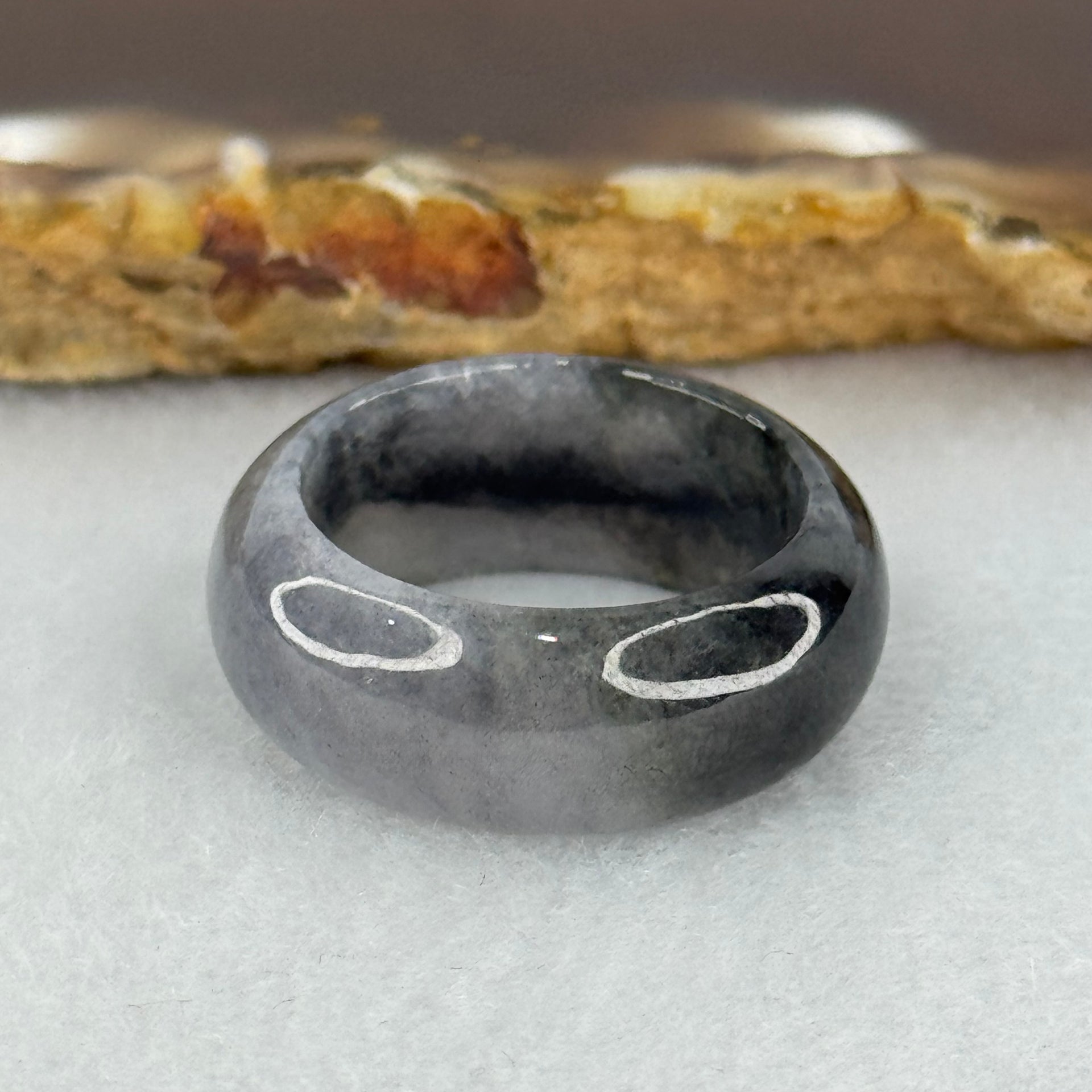 Type A Semi Icy Wuji Grey Black with Lavender Jadeite Thick Ring 5.10g 9.2 by 3.6mm US7.7 HK 17 (Slight Internal Lines) - Huangs Jadeite and Jewelry Pte Ltd