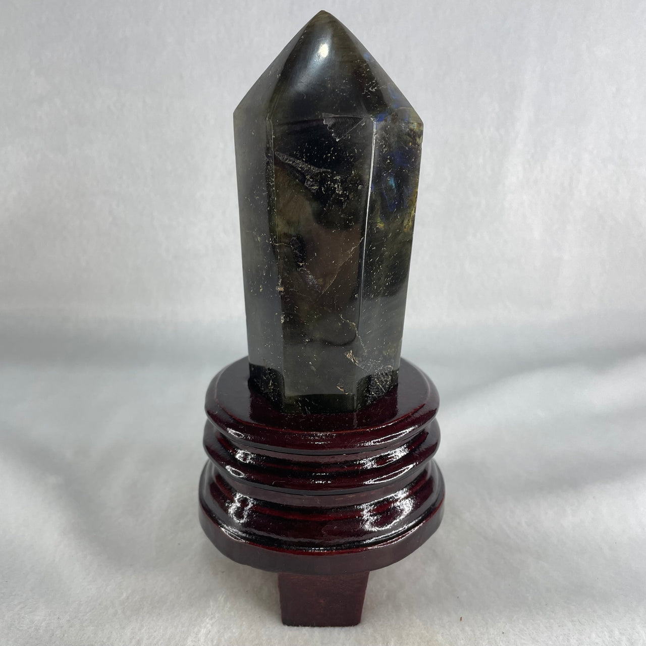 Good Grade Natural Labradorite Tower with Wooden Stand Display 397.7g 150.8 by 71.6 by 69.3mm - Huangs Jadeite and Jewelry Pte Ltd