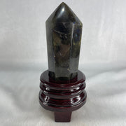 Good Grade Natural Labradorite Tower with Wooden Stand Display 397.7g 150.8 by 71.6 by 69.3mm - Huangs Jadeite and Jewelry Pte Ltd