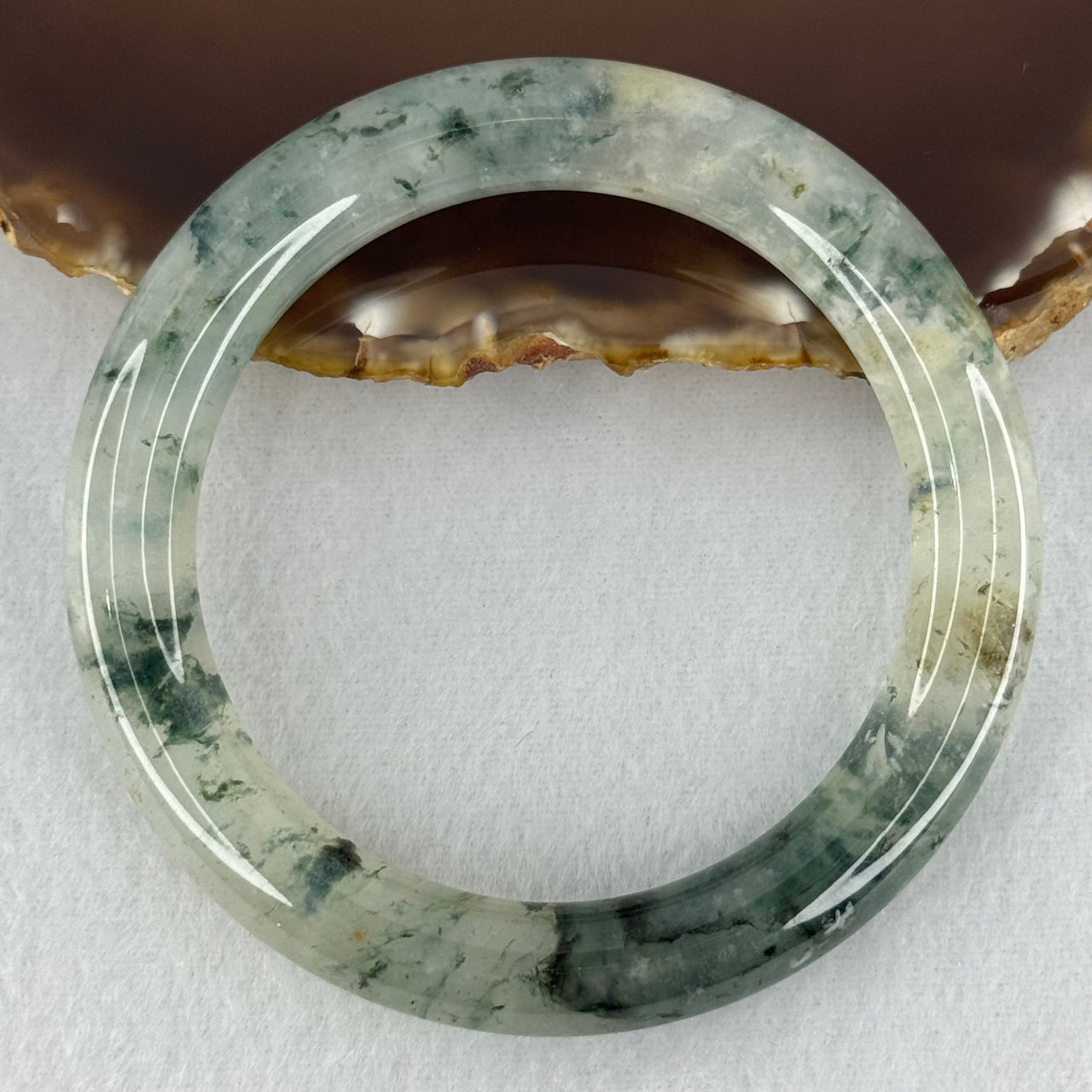 Transparent Colourless with Dark Green and Yellowish White Piao Hua Sodium Feldspar Jade Bangle 水沫玉手镯 Internal Diameter 55.8mm 47.38g 10.8 by 10.8mm - Huangs Jadeite and Jewelry Pte Ltd