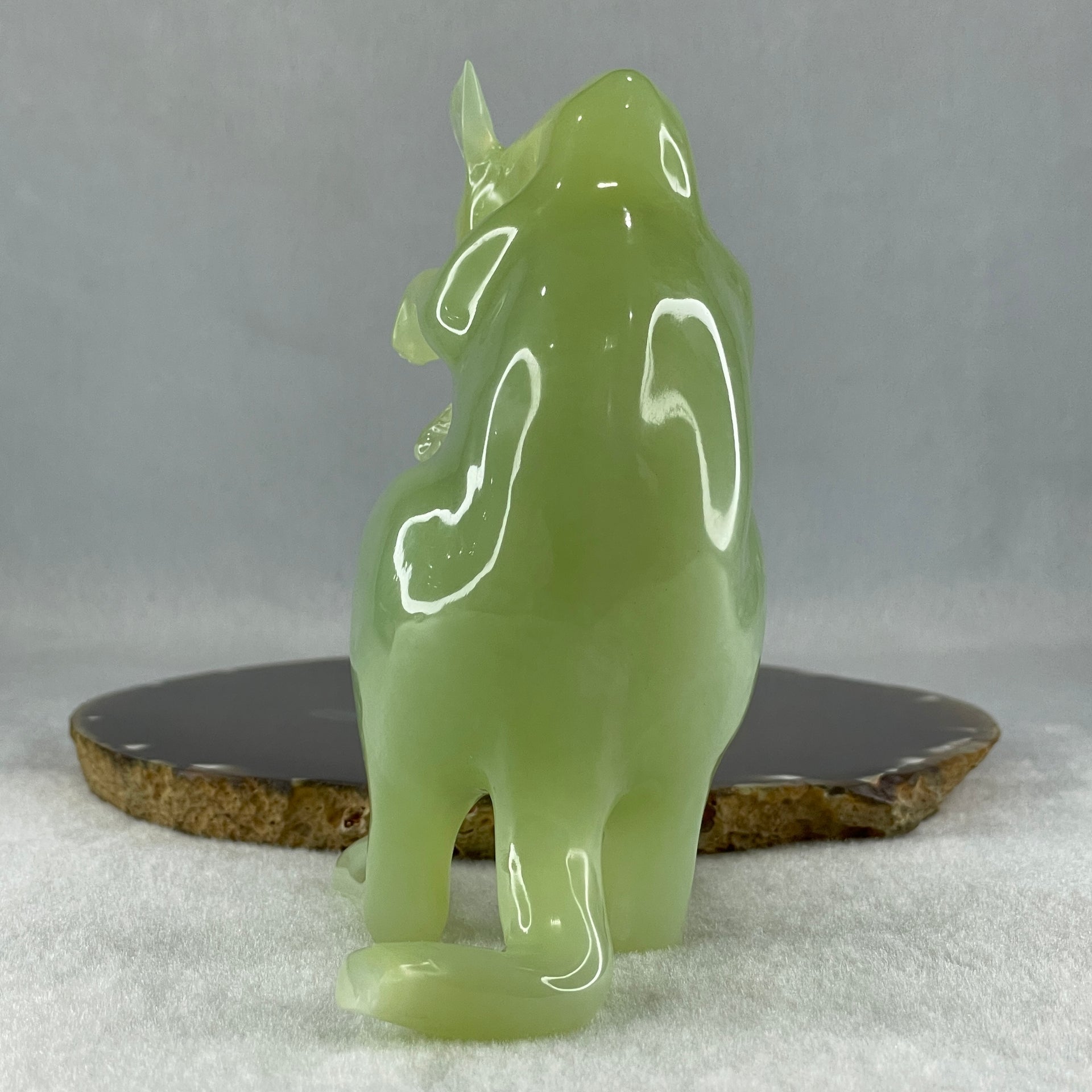 Natural Green Serpentine Kangaroo With Baby with Wooden Stand Display 569.6g 140.0 by 85.4 by 145.0mm - Huangs Jadeite and Jewelry Pte Ltd