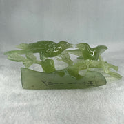 Natural Green Serpentine Double Magpies Birds on Tree with Wooden Stand Display 500.5g 195.0 by 80.0 by 170.0mm - Huangs Jadeite and Jewelry Pte Ltd