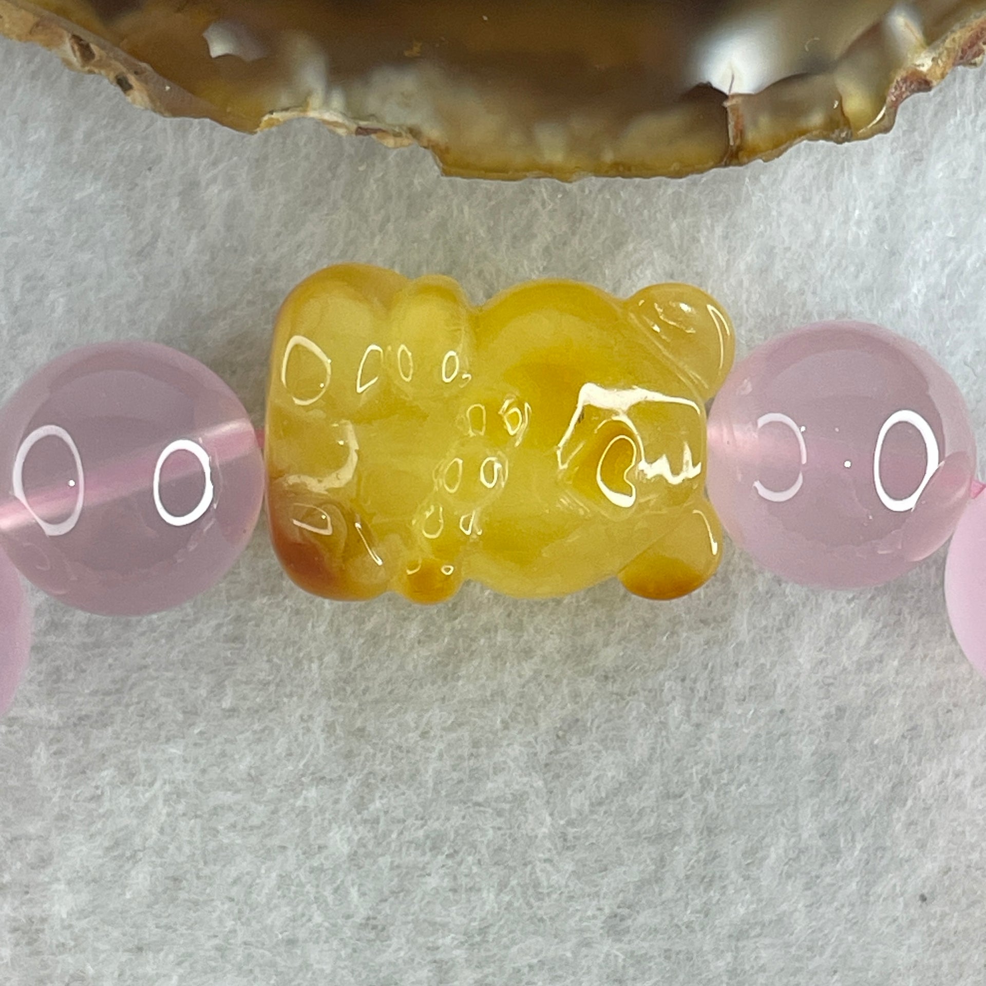 Natural Rose Quartz Beads with Amber Fortune Cat Charm Bracelet 56.85g 16.5cm 24.3 by 17.9 by 16.7mm Cat - 14.2mm 13 Beads - Huangs Jadeite and Jewelry Pte Ltd