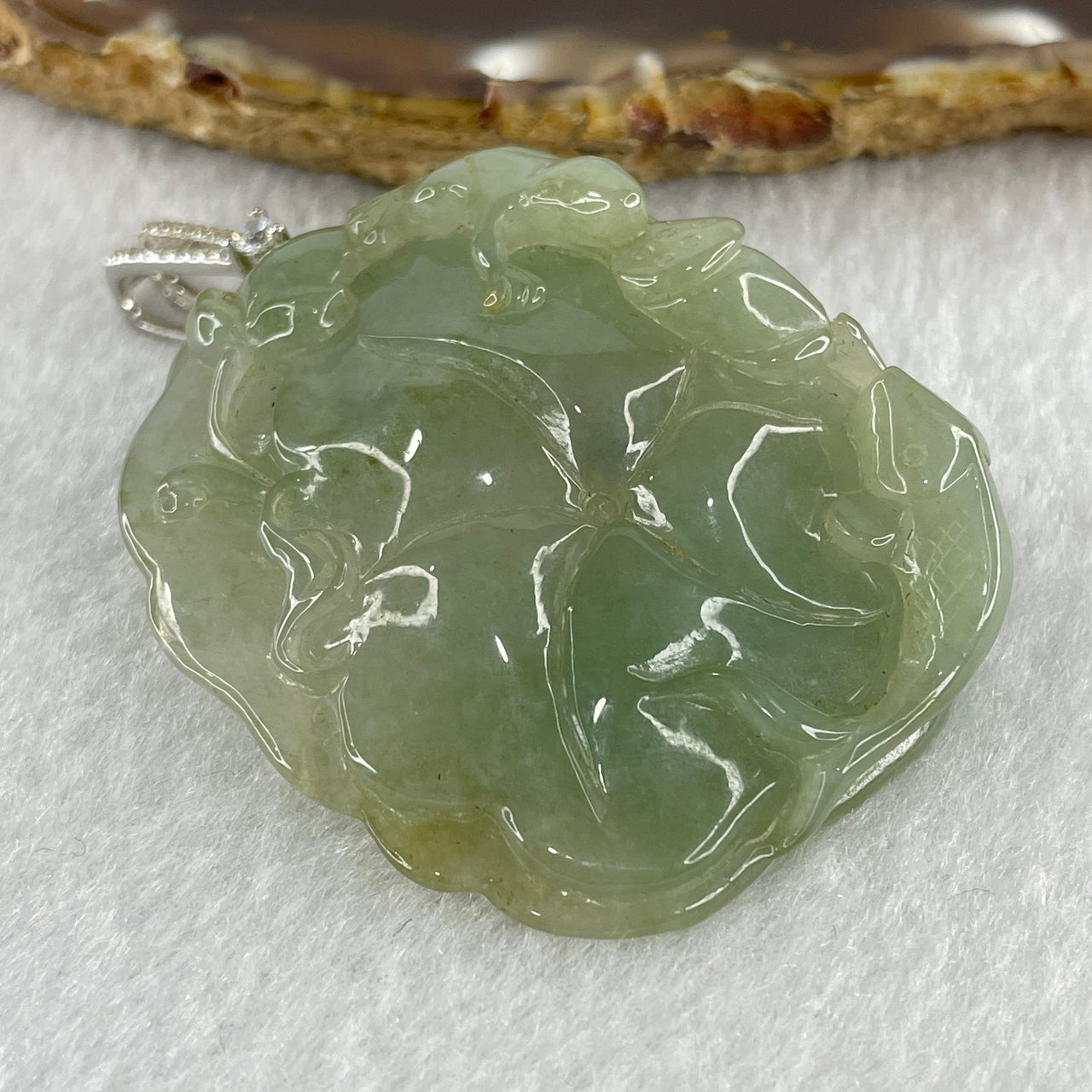 Natural Type Semi Icy A Light Green Jadeite Frog and Fish on Lotus Leaf Pendant in SS925 Silver with Cubic Zirconia Clasp 33.15g 47.9 by 39.6 by 13.1mm