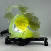 Natural Green Serpentine Magpie Bird with Cricket on Grape with Wooden Stand Display 1,042.7g L195.0 by B105.0 by H180.0 mm - Huangs Jadeite and Jewelry Pte Ltd