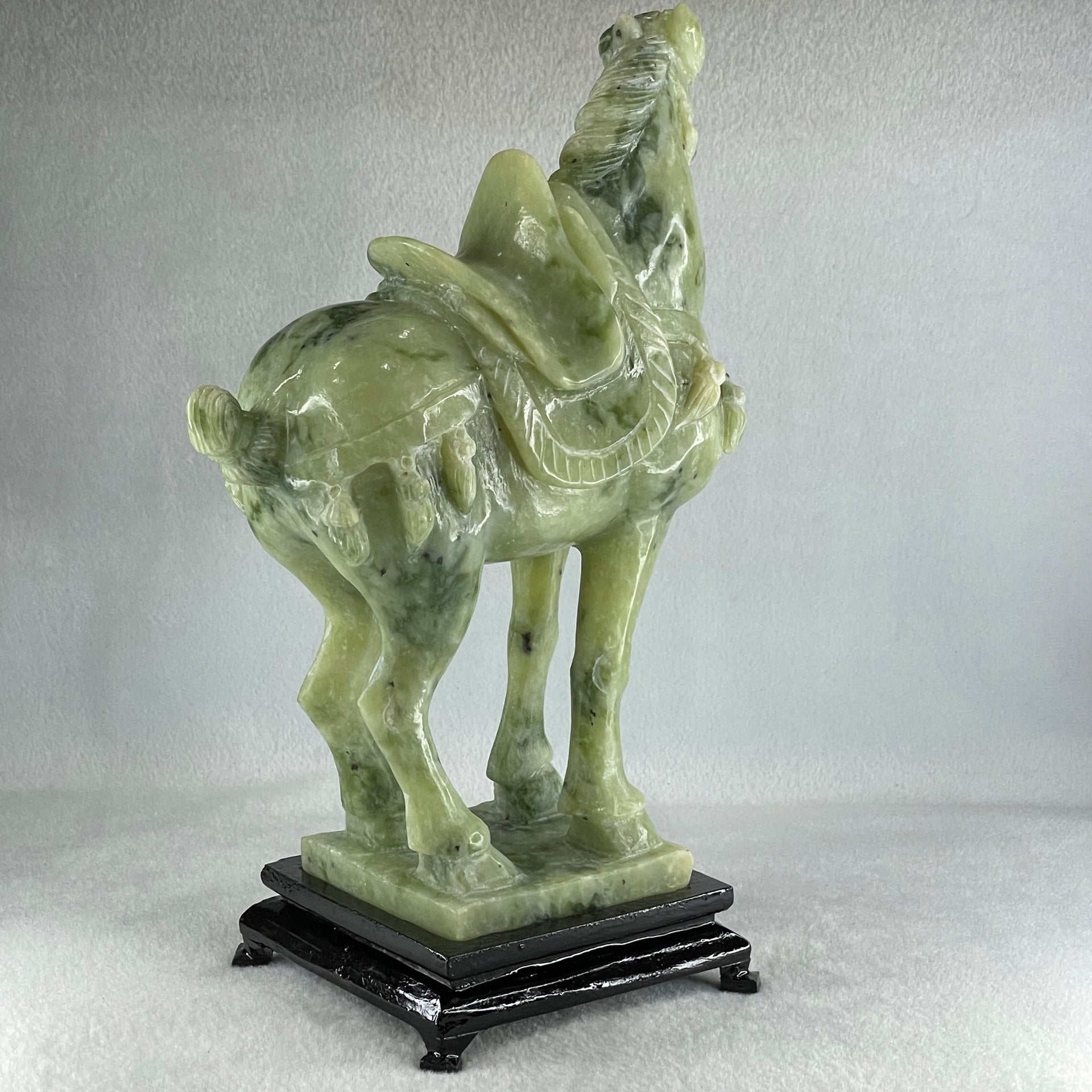 Natural Green Serpentine Victory Horse with Wooden Stand Display 2,539.2g 187.0 by 273.0 by 110.0mm - Huangs Jadeite and Jewelry Pte Ltd