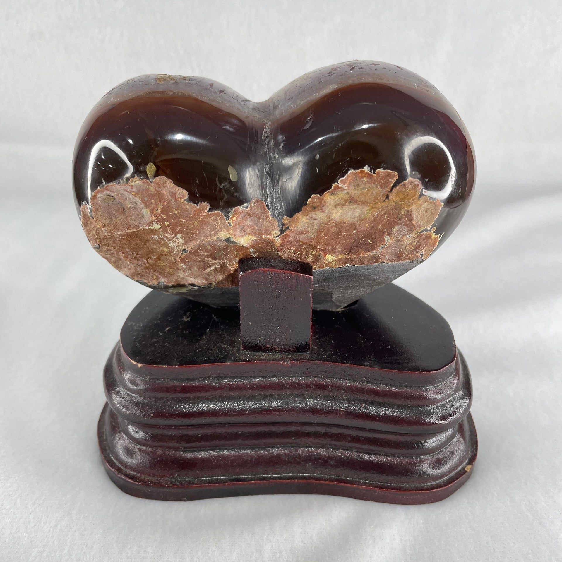 Natural Amethyst with White Milky Quartz Heart with Wooden Stand 744.9g 113.2 by 88.5 by 101.5mm - Huangs Jadeite and Jewelry Pte Ltd