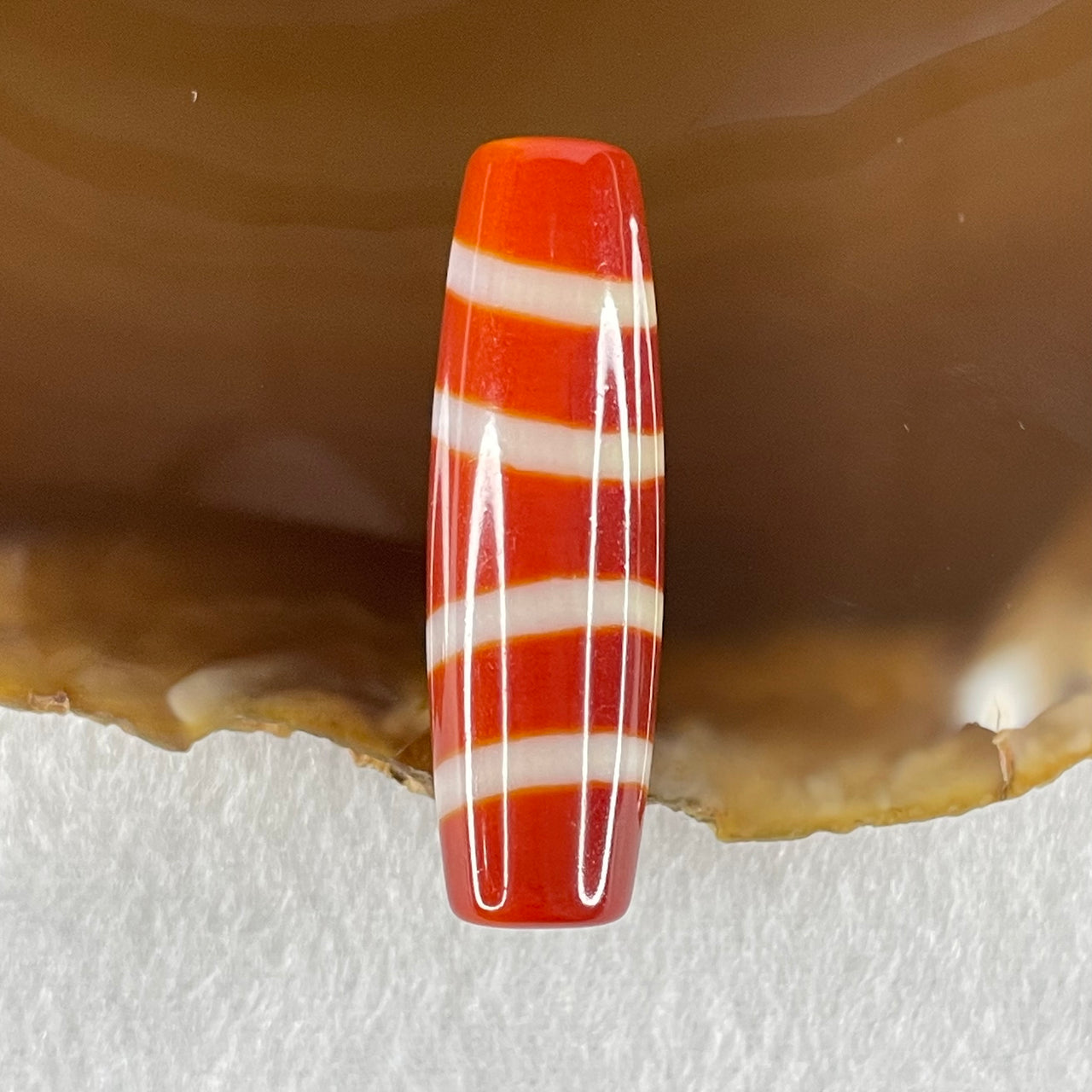 Natural Powerful Tibetan Old Oily Red White Agate 4 Lines Bead Heavenly Master (Tian Zhu) 8.58g 39.1 by 11.8mm - Huangs Jadeite and Jewelry Pte Ltd