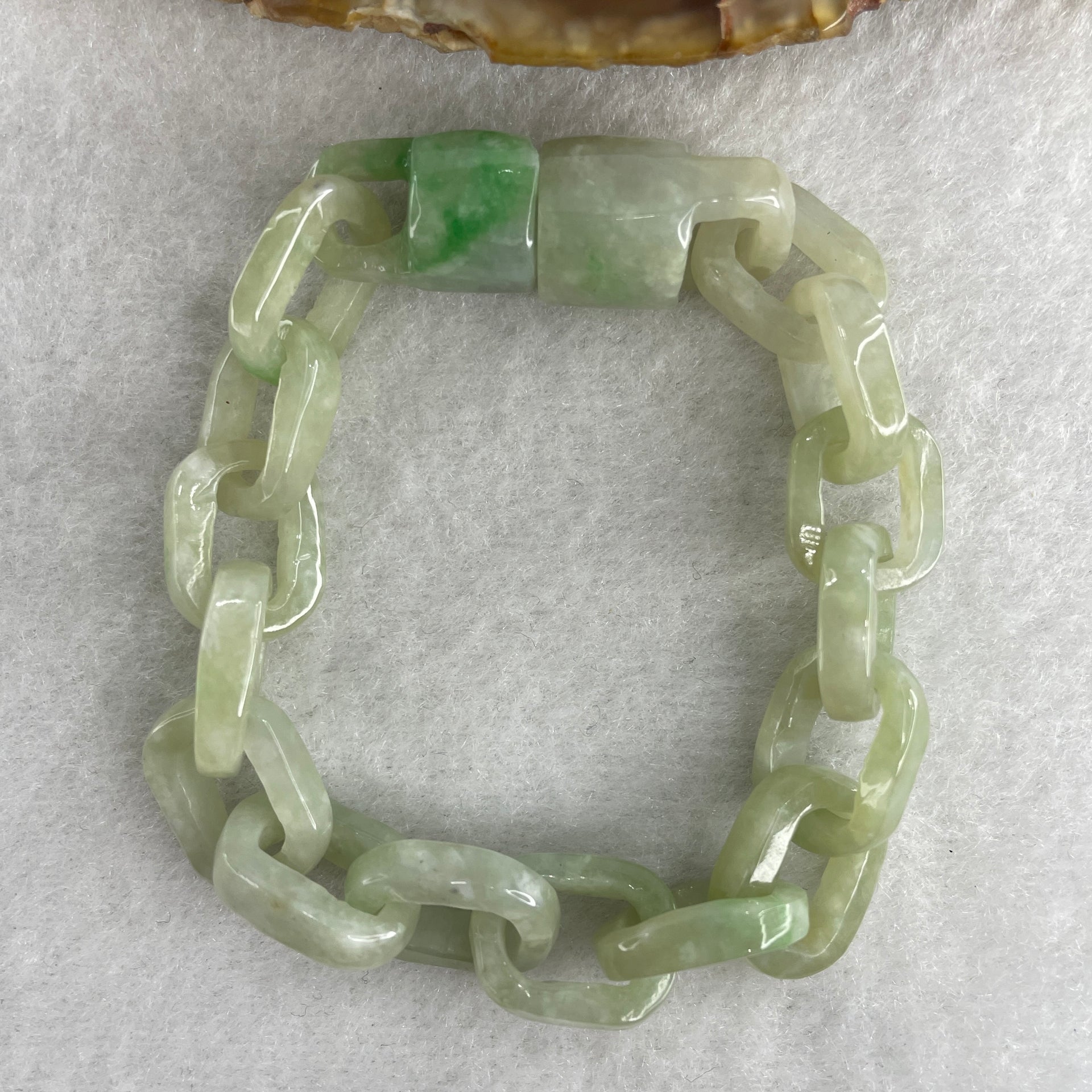Natural Type A Green Jadeite Link Bracelet 18.54g 13cm 10.9mm 15 Pcs - Huangs Jadeite and Jewelry Pte Ltd