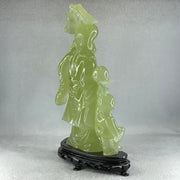 Natural Green Serpentine Shou Xing Gong and Tong Zi with Wooden Stand Display 1,535.1g 160.0 by 276.0 by 68.0mm - Huangs Jadeite and Jewelry Pte Ltd