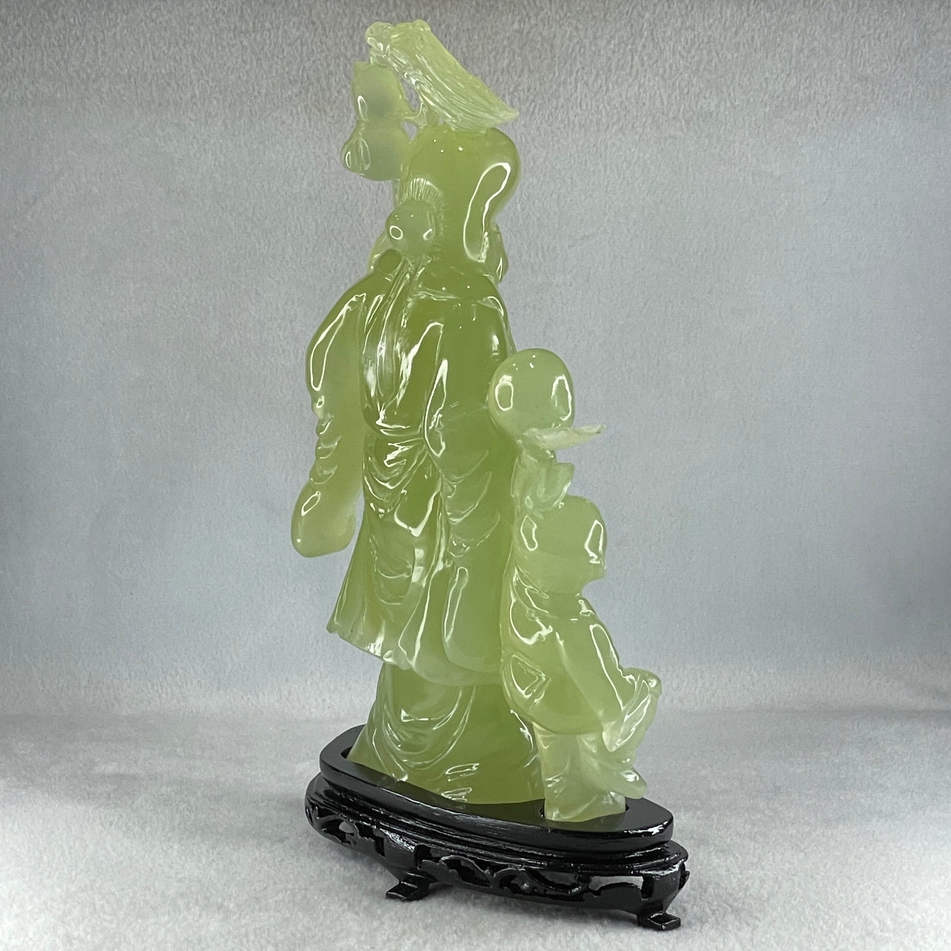 Natural Green Serpentine Shou Xing Gong and Tong Zi with Wooden Stand Display 1,535.1g 160.0 by 276.0 by 68.0mm - Huangs Jadeite and Jewelry Pte Ltd