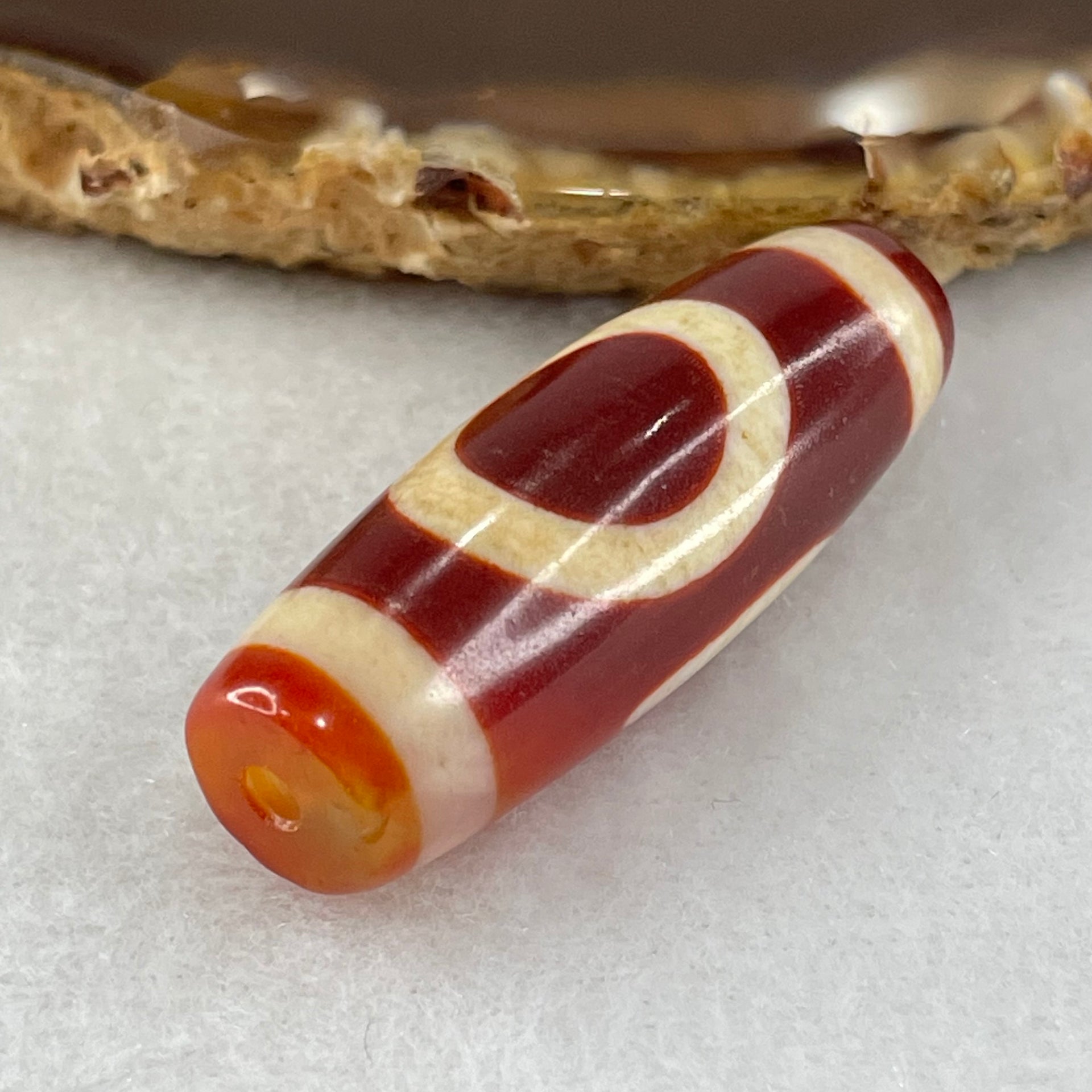 Natural Powerful Tibetan Old Oily Red White Agate One Eye Fire Sign Dzi Bead Heavenly Master (Tian Zhu) 一眼火天珠 10.71g 37.6 by 13.4mm - Huangs Jadeite and Jewelry Pte Ltd