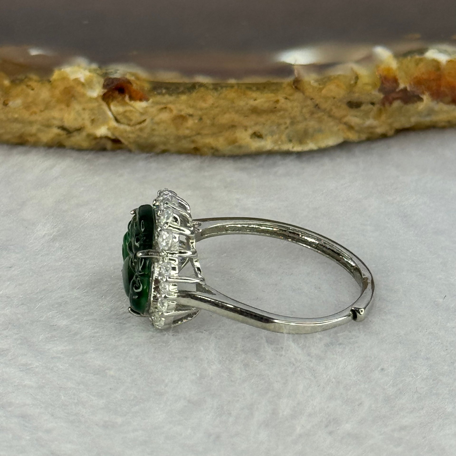 Type A Icy Green Omphasite Jadeite Milo Buddha with Crystals in Sliver Ring (Adjustable Size) 1.82g 8.9 by 13.2 by 2.5mm - Huangs Jadeite and Jewelry Pte Ltd