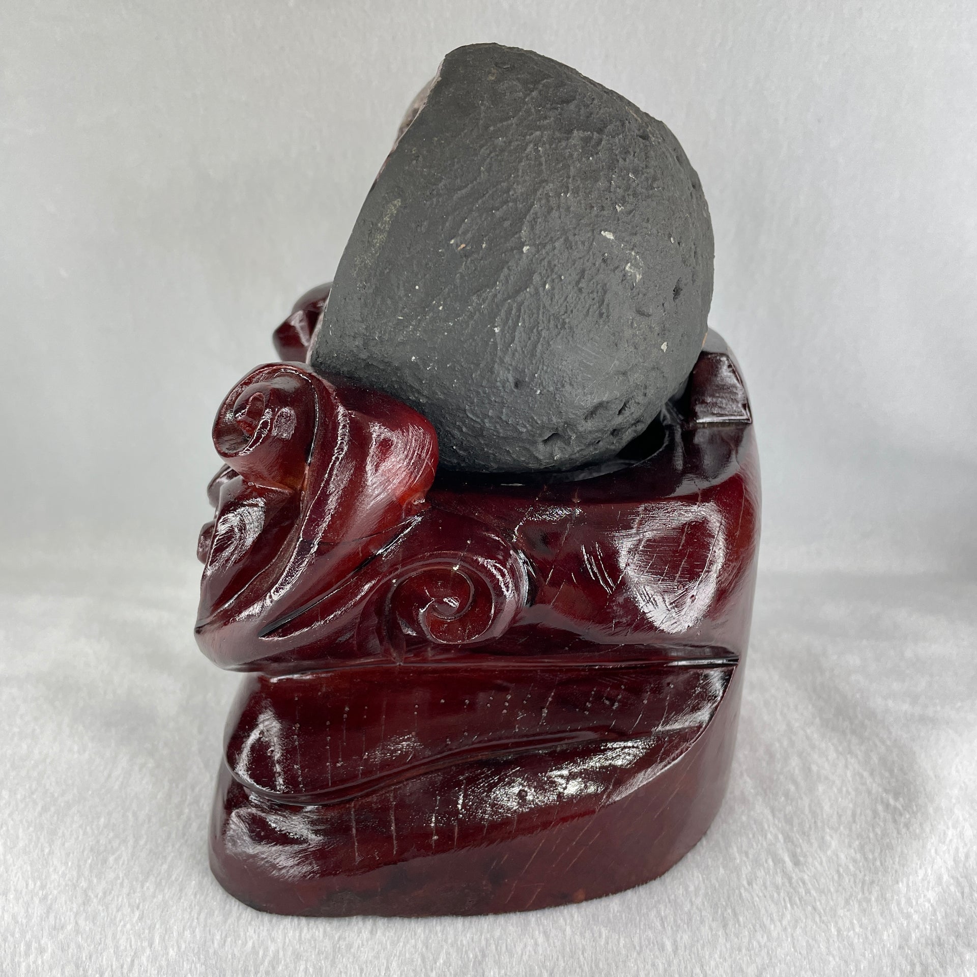 Natural Amethyst Cave with Wooden Stand 2,387.0g 153.2 by 143.7 by 165.0mm - Huangs Jadeite and Jewelry Pte Ltd