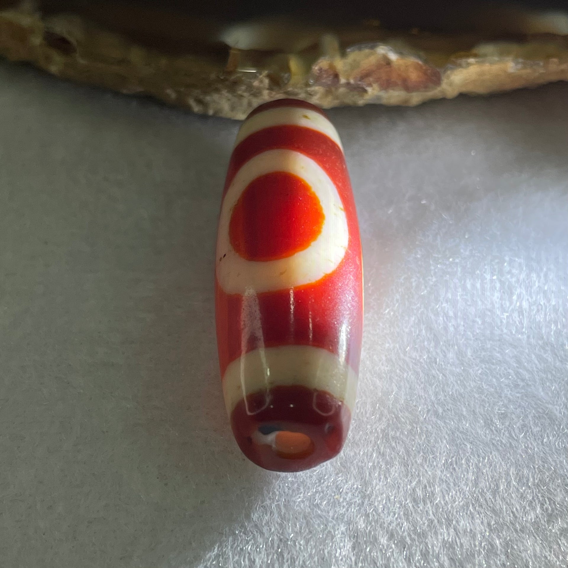 Natural Powerful Tibetan Old Oily Red White Agate One Eye Fire Sign Dzi Bead Heavenly Master (Tian Zhu) 一眼火天珠 10.21g 37.8 by 13.2mm - Huangs Jadeite and Jewelry Pte Ltd