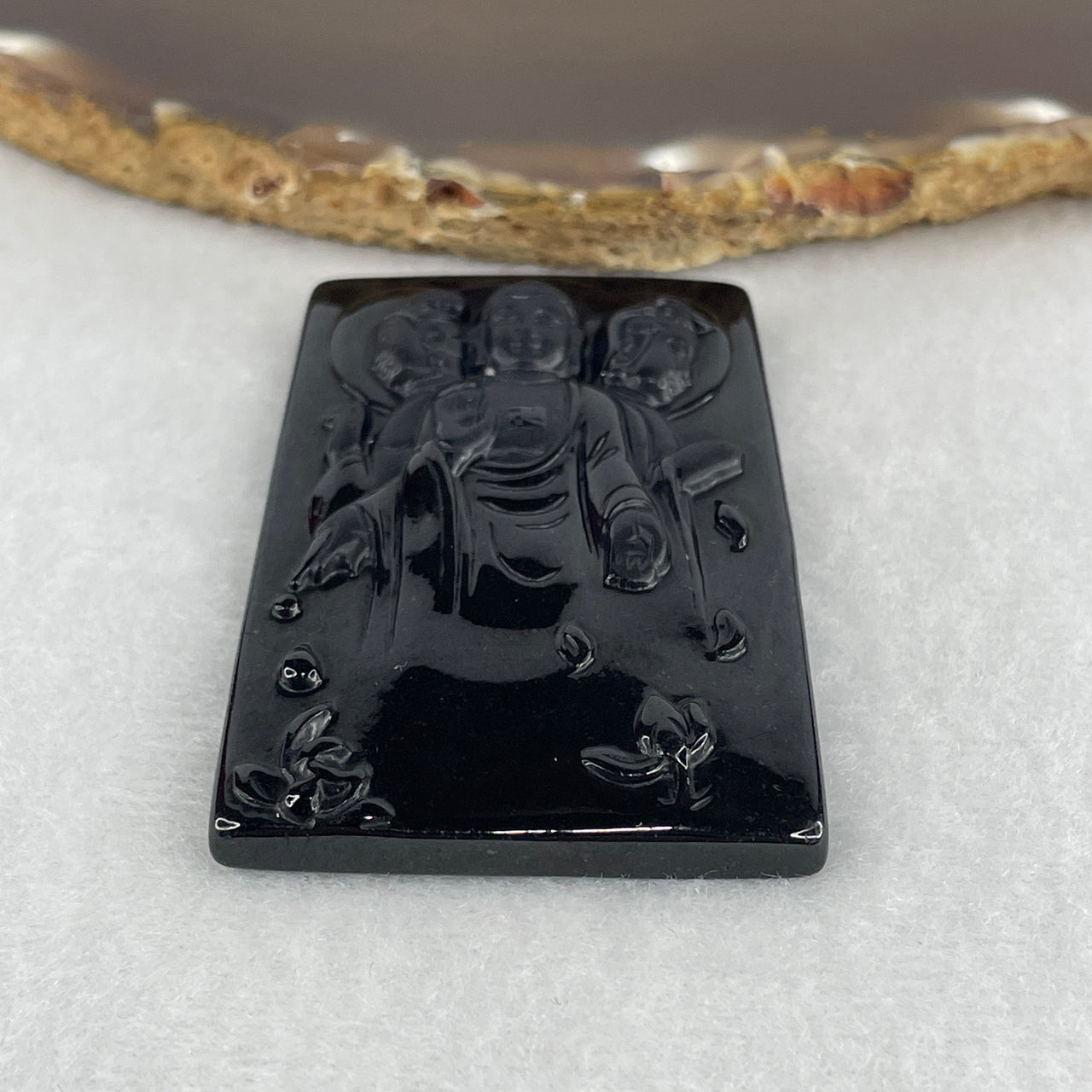 Certified Type A Opaque Black Omphacite Jadeite Three Saints of the West Pendant | Amitabha, Guanyin & Mahasthamaprapta Sacred Buddhist (25.87g | 62.9 x 58.8 x 8.2mm)