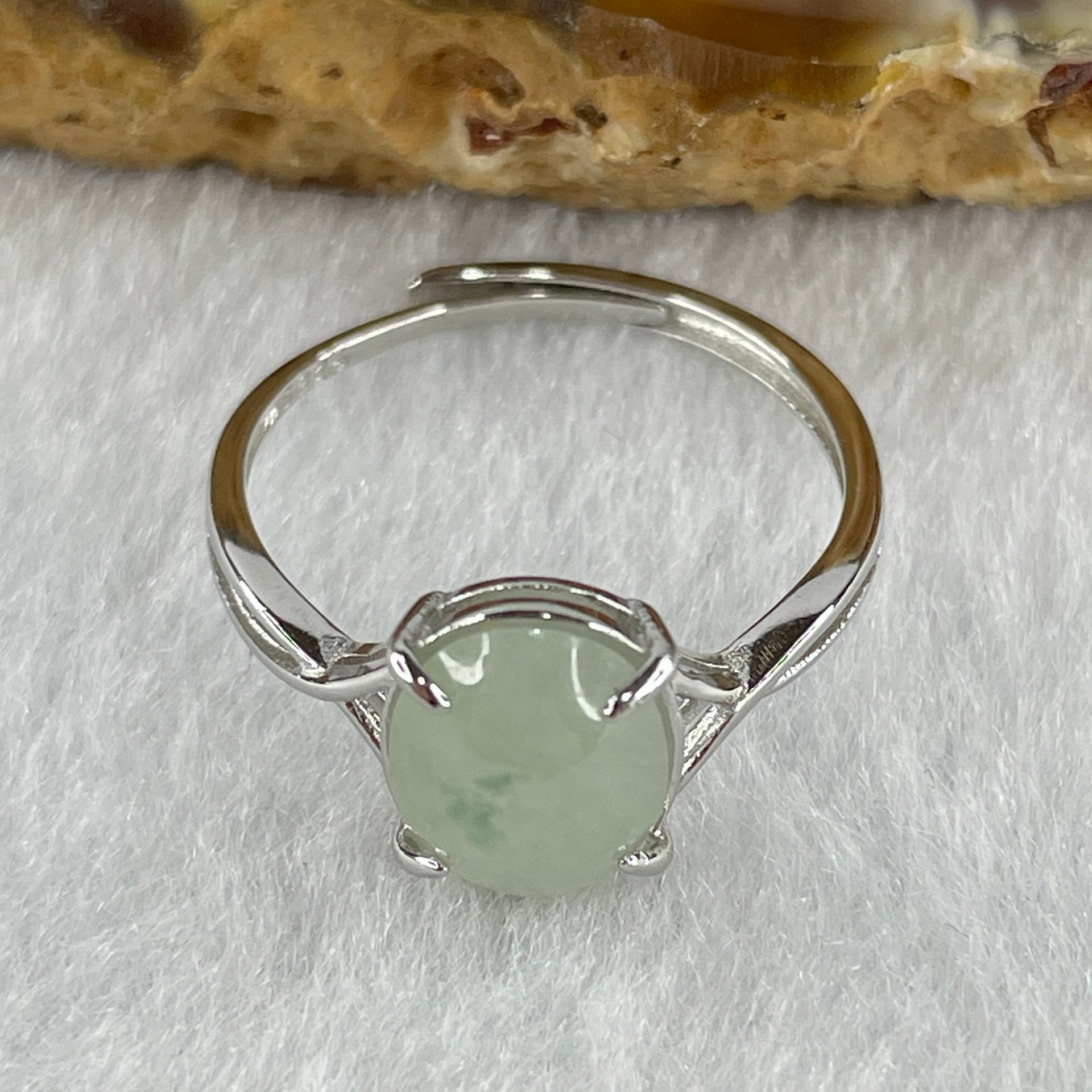 Natural Type A Semi Icy Faint Green Jadeite Oval Shape Cabouchon in S925 Silver Ring (Adjustable Size) 1.38g 9.5 by 7.2 by 3.5mm - Huangs Jadeite and Jewelry Pte Ltd