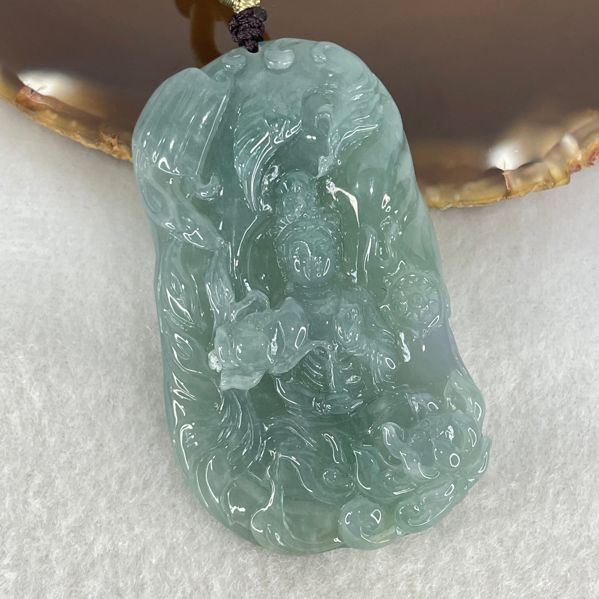 Type A Semi Icy Light Blueish Green Jadeite Guan Yin with Lotus Flower and Phoenix Pendant 40.71g 61.8 by 36.9 by 8.6mm - Huangs Jadeite and Jewelry Pte Ltd