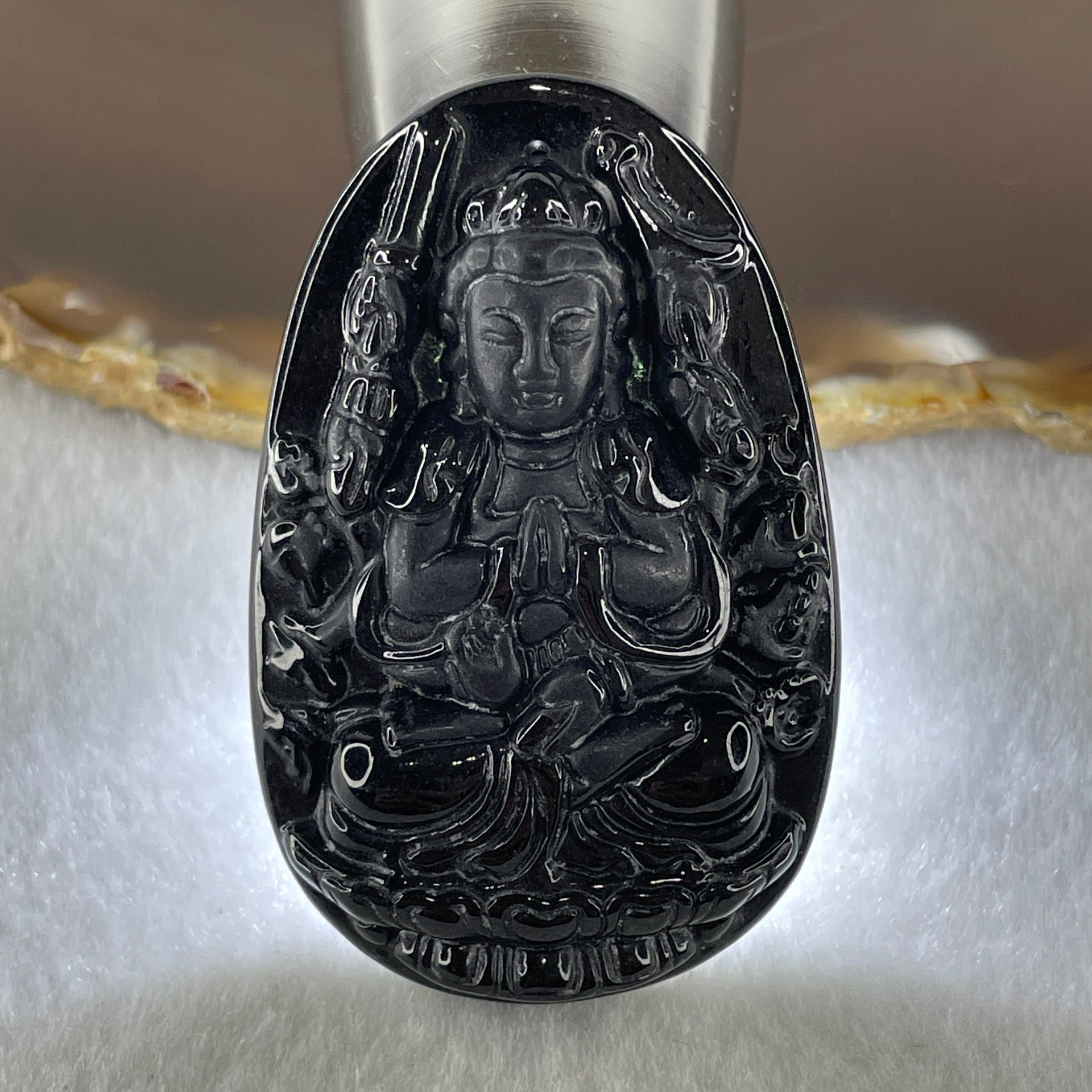 Type A Opaque to Partial Translucent Black Omphacite Jadeite Thousand Hand Guan Yin Pendant Rat Zodiac Guardian 19.78g 53.3 by 34.3 by 8.6mm - Huangs Jadeite and Jewelry Pte Ltd