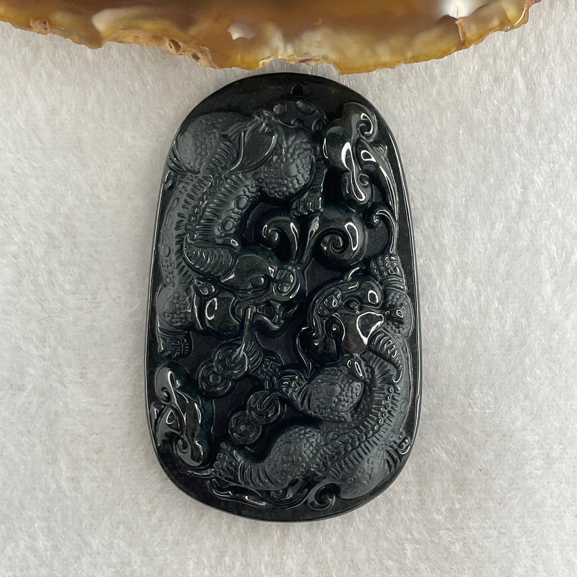 Type A Opaque to Partial Translucent Black Omphacite Jadeite Pixiu Pair with Coins Pendant 25.77g 57.1 by 35.4 by 9.2mm - Huangs Jadeite and Jewelry Pte Ltd