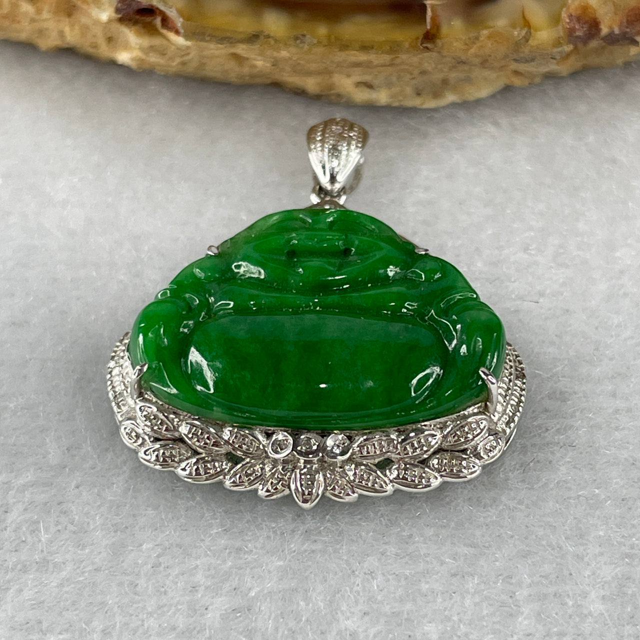Type A Burmese Intense Green Jadeite Milo Laughing Buddha Pendant Setting 18k White Gold with Diamonds 3.40g 28.0 by 24.4 by 6.7mm - Huangs Jadeite and Jewelry Pte Ltd