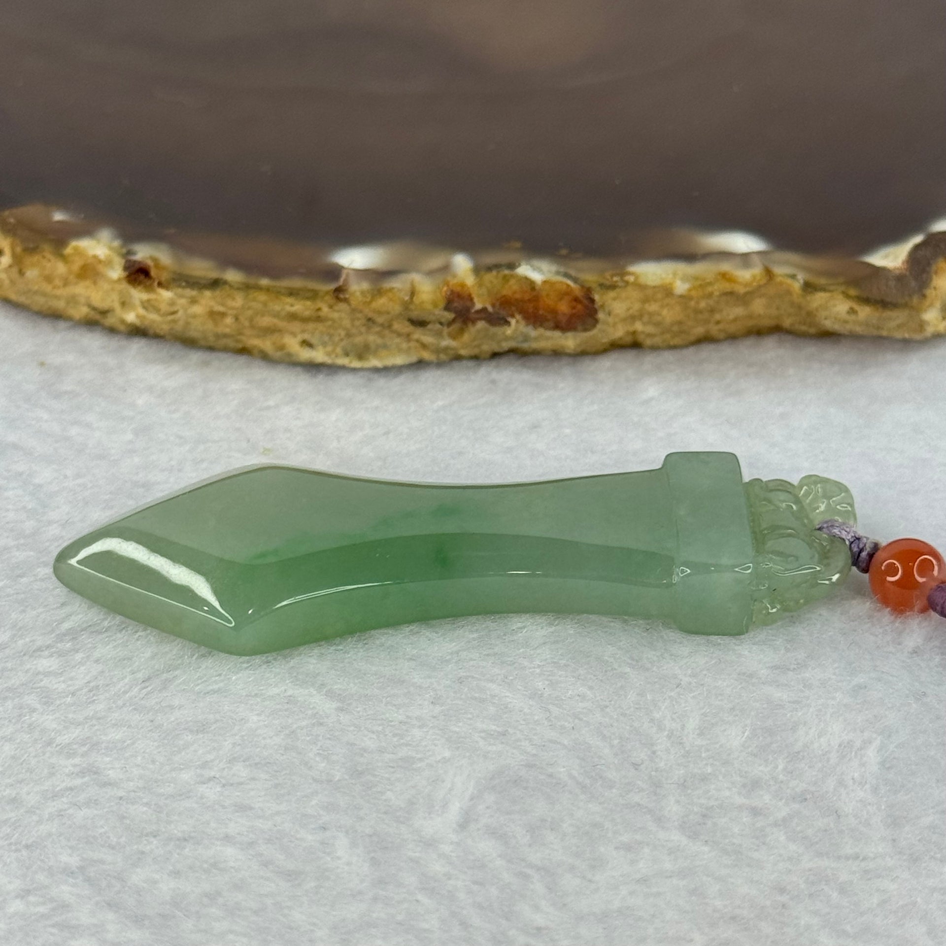 Type A Green Jadeite Monkey on Sword Pendent 20.03g 62.4 by 22.7 by 6.8mm - Huangs Jadeite and Jewelry Pte Ltd