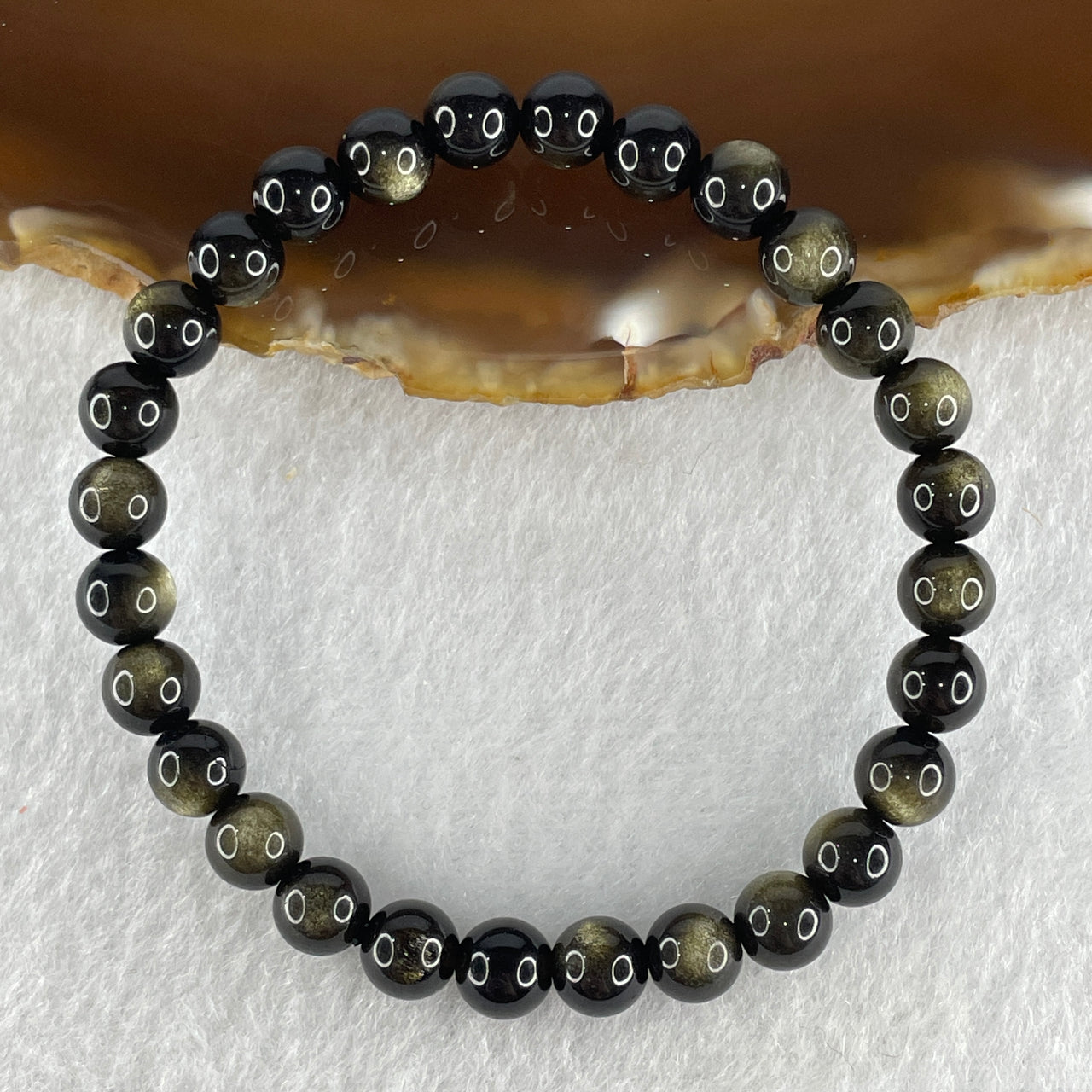 Certified Good Grade Natural Black Obsidian with Brown Hue Beads Bracelet 9.27g 14.5cm 6.6mm 28 Beads