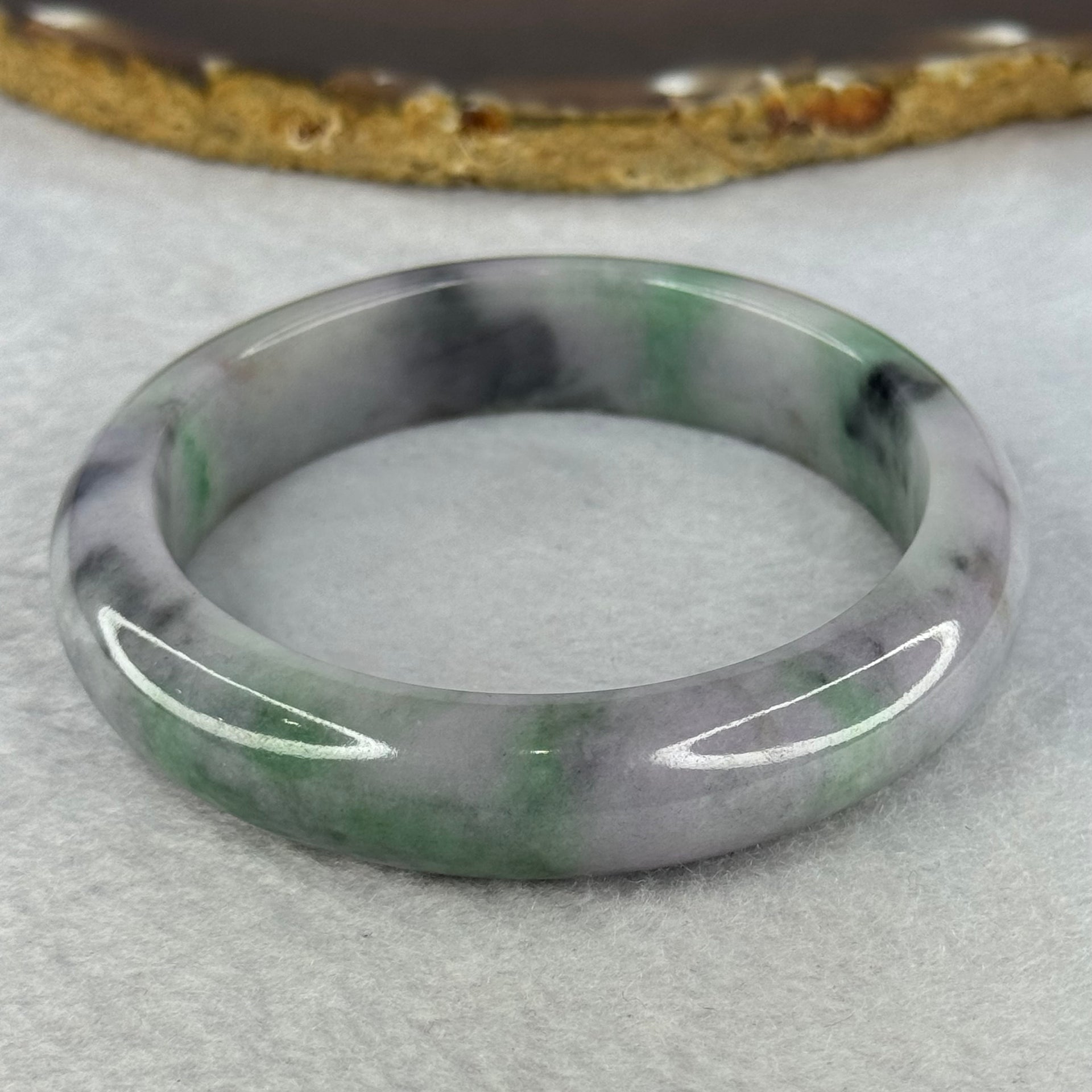 Type A Deep Lavender with Green and Grey Patches Jadeite Bangle 57.0mm 67.76g 14.0 by 9.1mm (Slight Internal Line) - Huangs Jadeite and Jewelry Pte Ltd