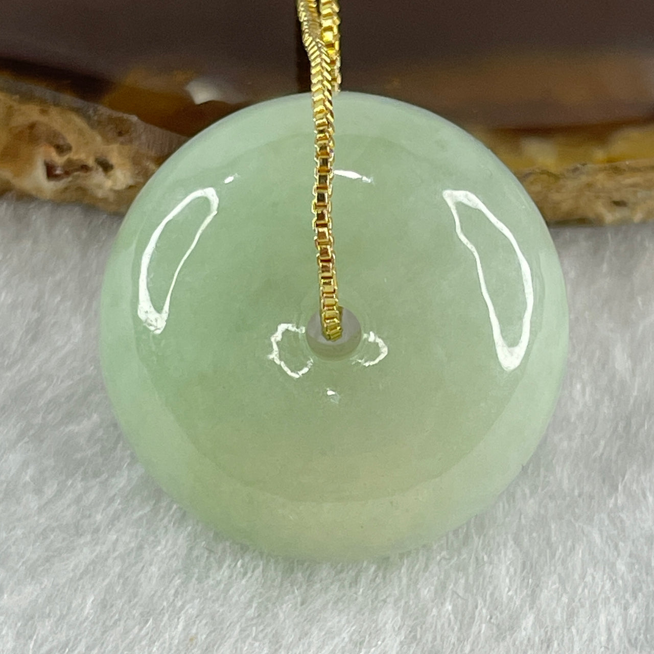 Natural Type A Apple Green Jadeite Ping An Kou Donut Pendant in Gold Color Stainless Steel Necklace Signifying Protection Blessings 15.30g 23.1 by 12.0mm