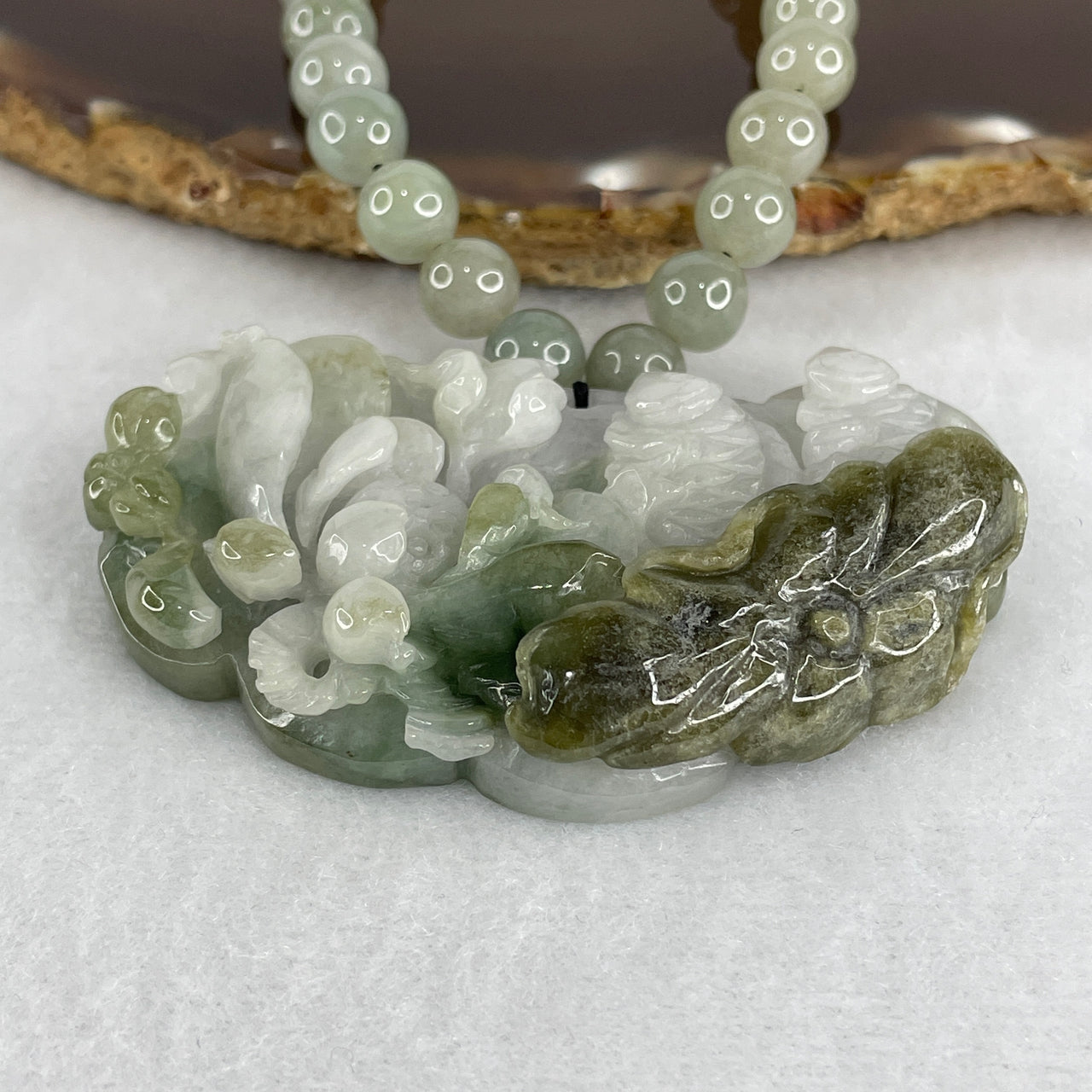 Natural Type A Light Lavender & Green Jadeite Twin Fish Lotus Pendant with Light Green Beads Necklace | Certified Untreated Fei Cui Gemstone Set (122.29g | 60cm | 38.2 by 65.5 by 12.5mm - 7.8mm 78 Beads)