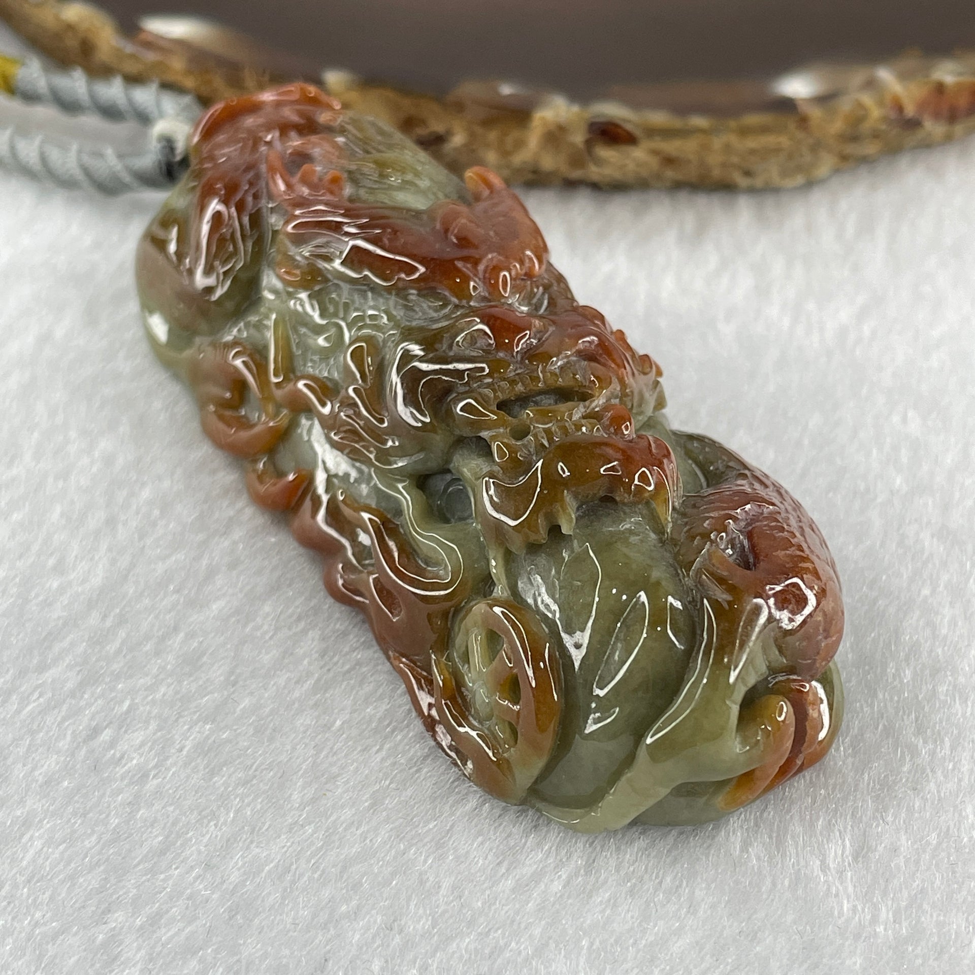 Grand Mater Type A Brownish Red with Green Jadeite Dragon Double Side Pendant 104.37g 81.8 by 1.9 by 22.5mm - Huangs Jadeite and Jewelry Pte Ltd