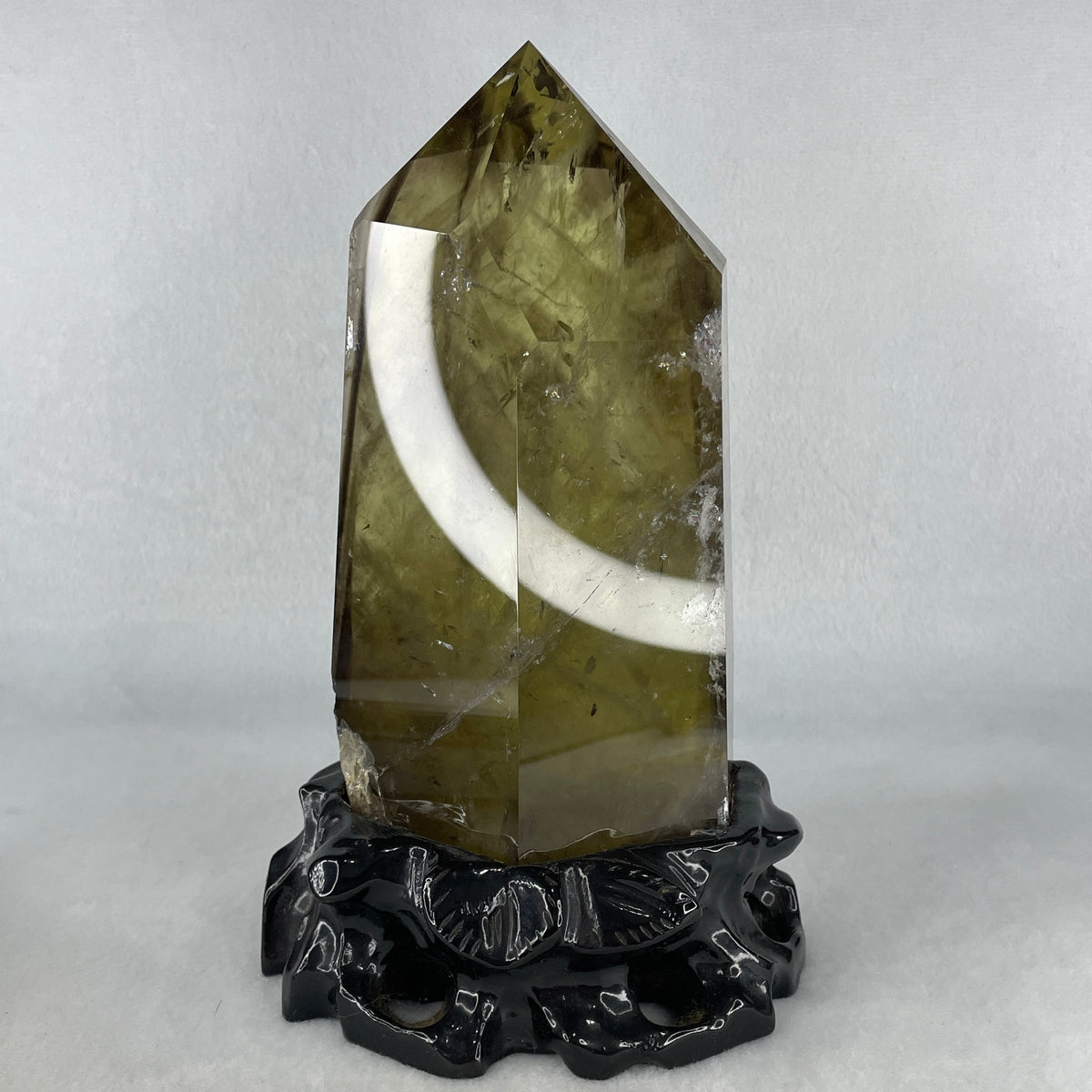 High Grade Natural Smoky Quartz Tower Display with Custom Wooden Stand | (1,698.1g | 120.0x105.0x205.0mm | Chakra & Earth Star Anchor, Stress Dissolver, Executive Composure & Feng Shui Protection Fortress)