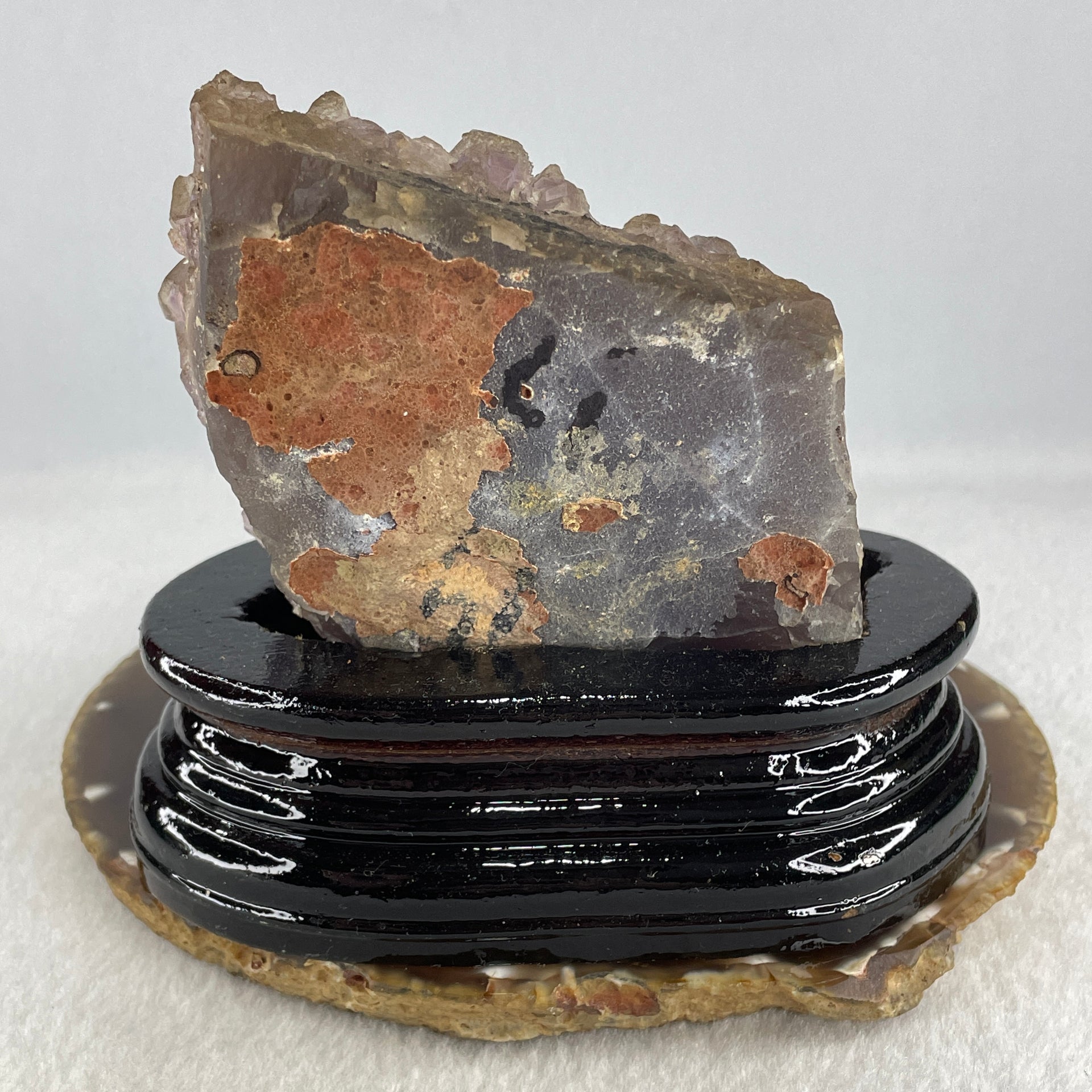 Natural Amethyst Crystal Cluster Display with Wooden Stand 520.8g 124.8 by 76.9 by 110.0mm - Huangs Jadeite and Jewelry Pte Ltd