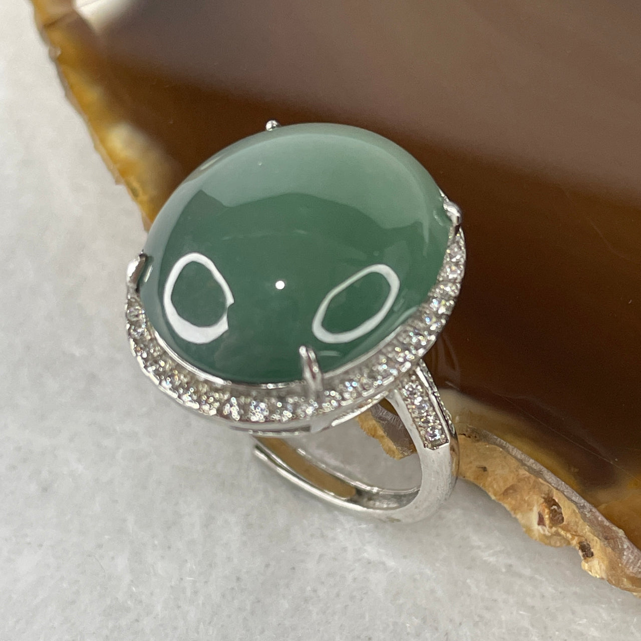 Certified Type A Jelly Blueish-Green Jadeite Cabochon S925 Silver Ring | Liquid-Glass Statement Ring | Solid Sterling Silver Frame | Smart Adjustable Sizing (5.86g | 17.7x15.2x6.5mm)
