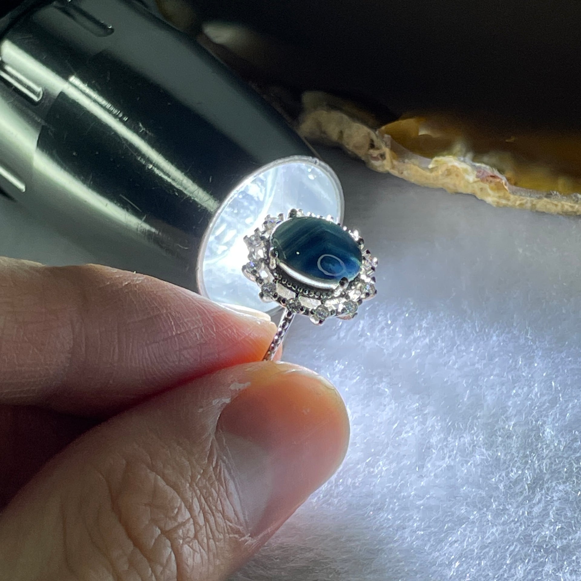 Natural-Synthetic-Blue-Star-Sapphire-with-Cubic-Zirconia-in-S925-Sliver-Ring-2.45g-9.3-by-6.8-by-3.5mm-(Adjustable-Size)