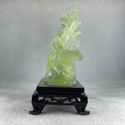 Natural Green Serpentine Double Magpies Birds on Mountain with Flower on Vase with Wooden Stand Display 553.8g 180.0 by 95.0 by 170.0mm - Huangs Jadeite and Jewelry Pte Ltd