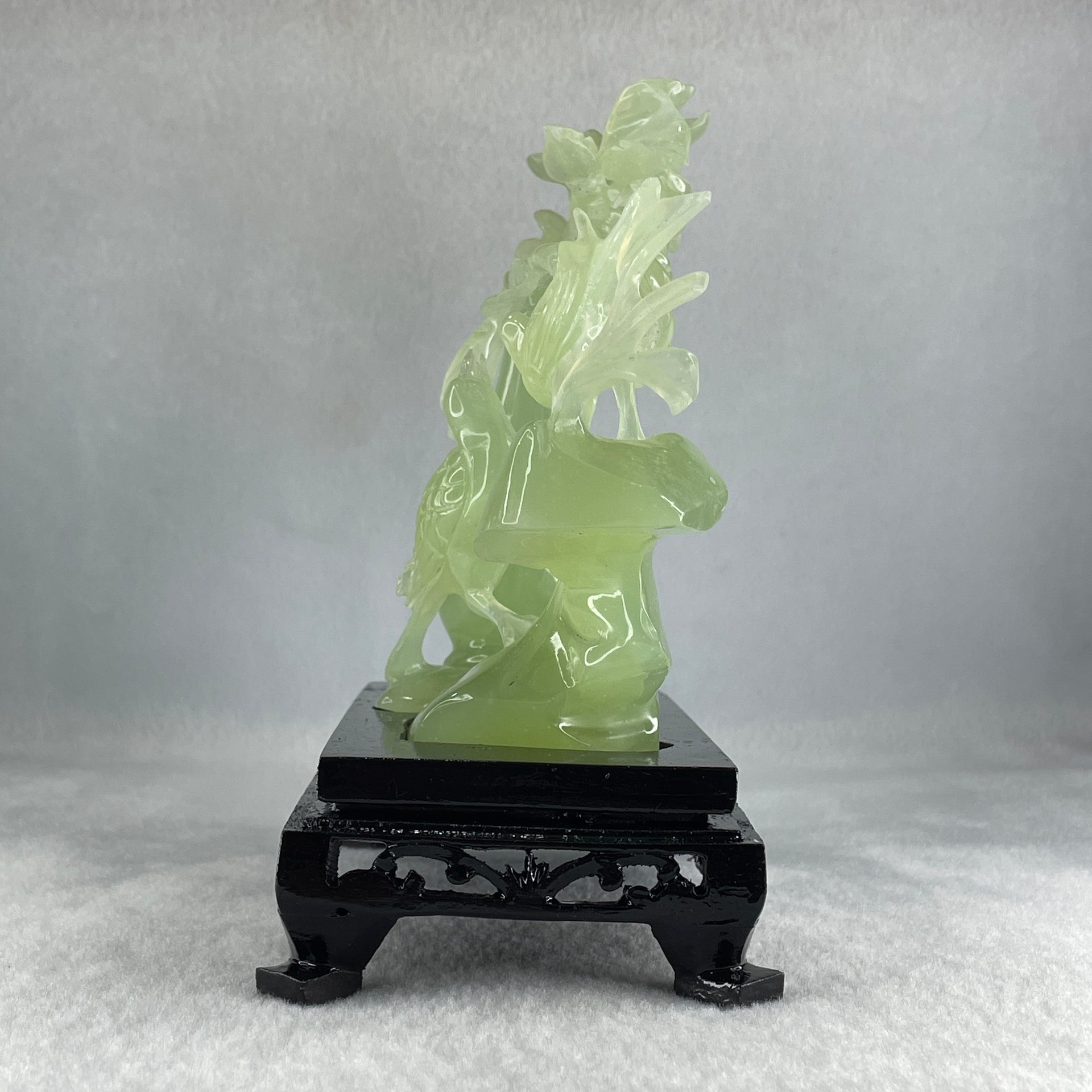 Natural Green Serpentine Double Magpies Birds on Mountain with Flower on Vase with Wooden Stand Display 553.8g 180.0 by 95.0 by 170.0mm - Huangs Jadeite and Jewelry Pte Ltd