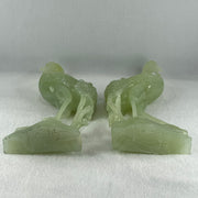 Natural Light Green Serpentine Pair of Cranes Bird with Wooden Stand Display 1,231.1g Each about 135.0 by 60.0 by 240.0mm - Huangs Jadeite and Jewelry Pte Ltd