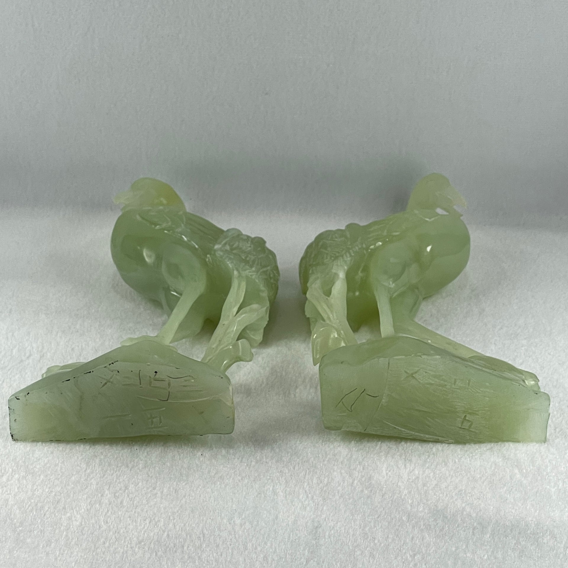 Natural Light Green Serpentine Pair of Cranes Bird with Wooden Stand Display 1,231.1g Each about 135.0 by 60.0 by 240.0mm - Huangs Jadeite and Jewelry Pte Ltd